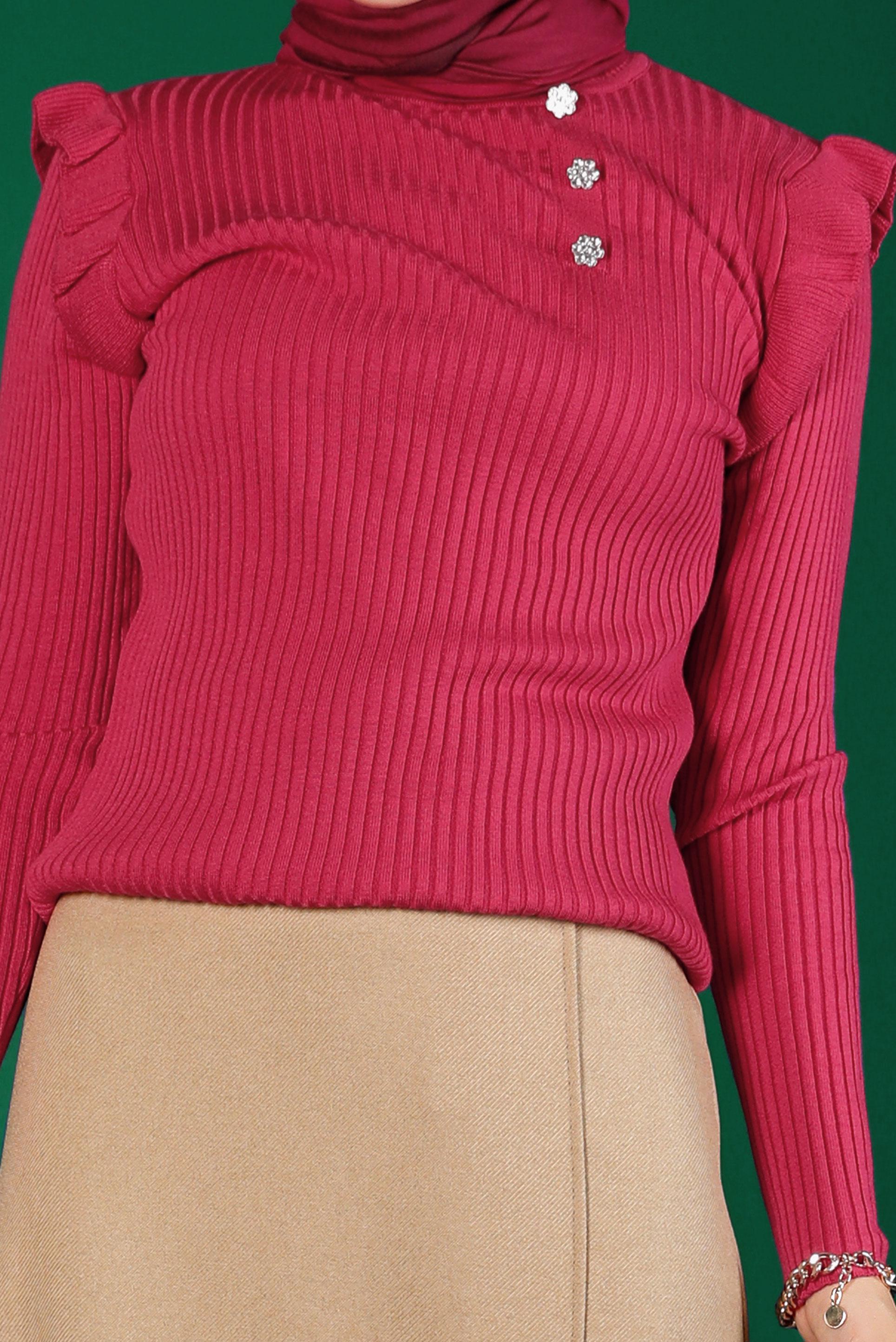 Tesettür giyim FUŞYA TAŞ DETAYLI FIRFIRLI TRİKO KAZAK 43188 