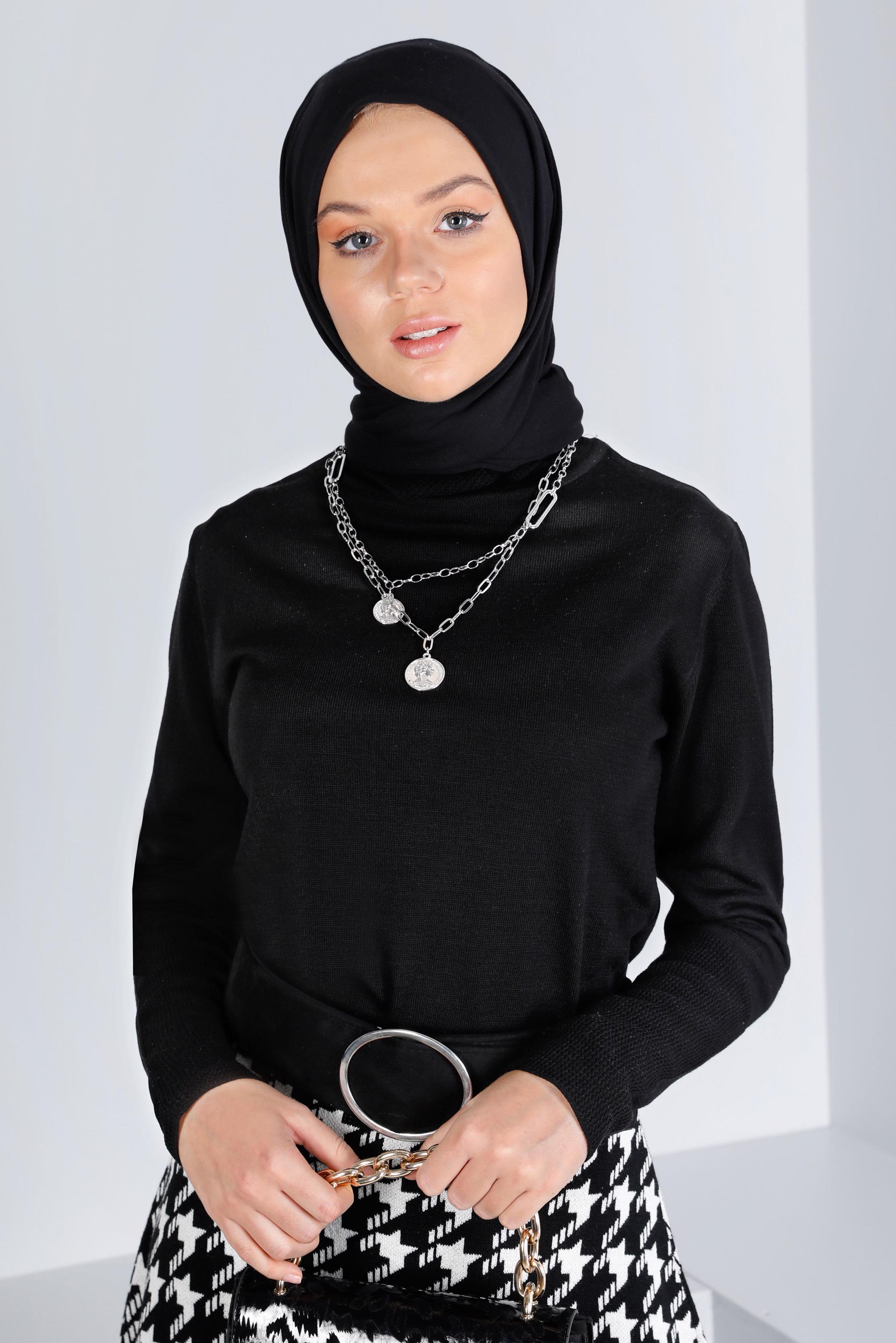 Hijab clothing BLACK KNITWEAR SWEATER WITH PATTERNED CUFFS 43189