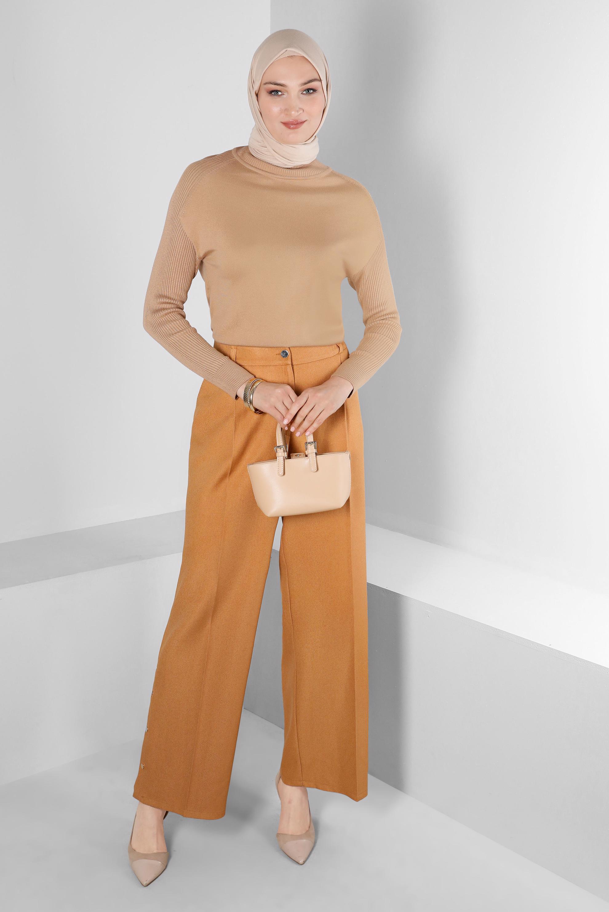 Tesettür giyim KAHVE MANŞETLERİ KENDİNDEN DESENLİ TRİKO KAZAK 43189