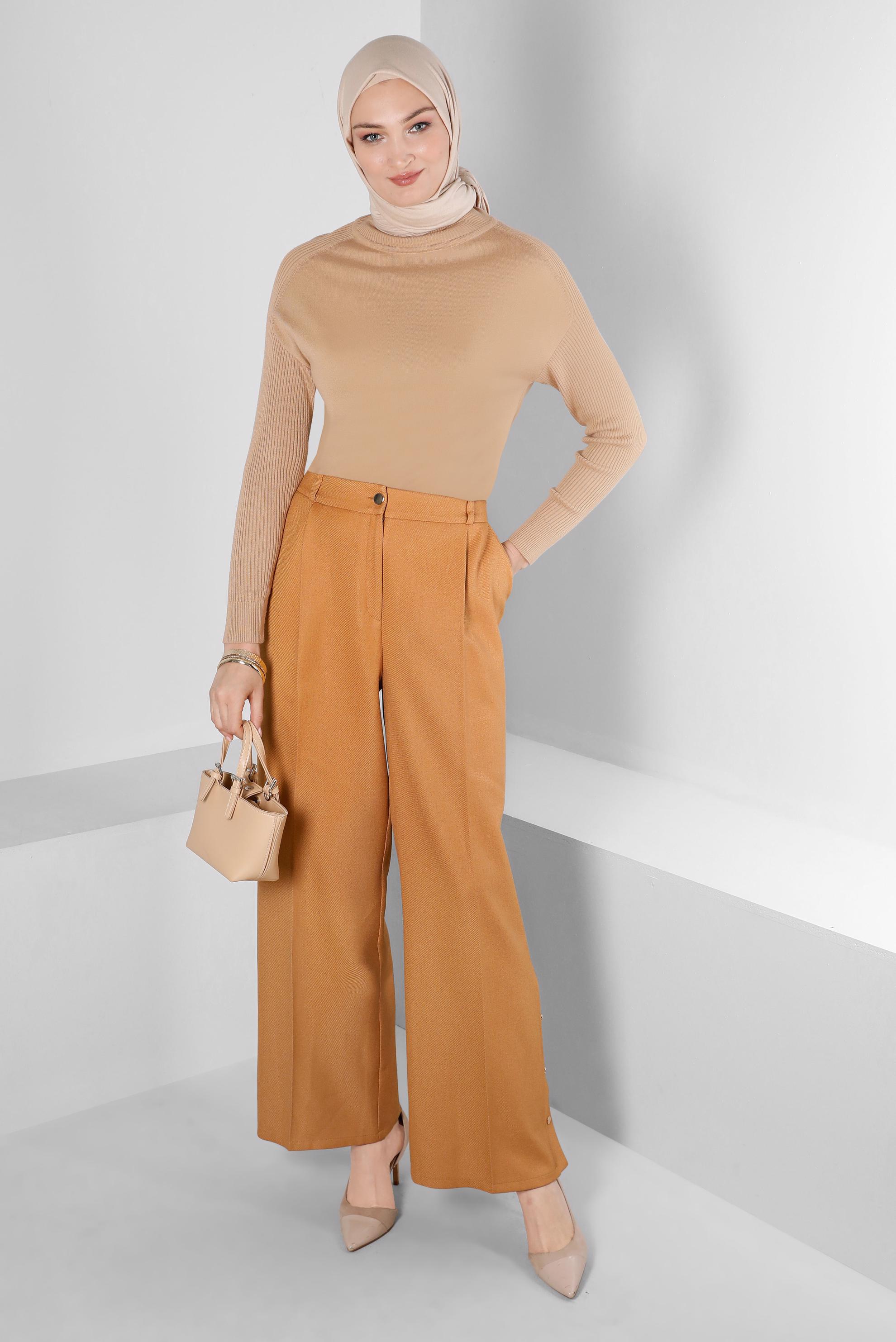 Tesettür giyim KAHVE MANŞETLERİ KENDİNDEN DESENLİ TRİKO KAZAK 43189