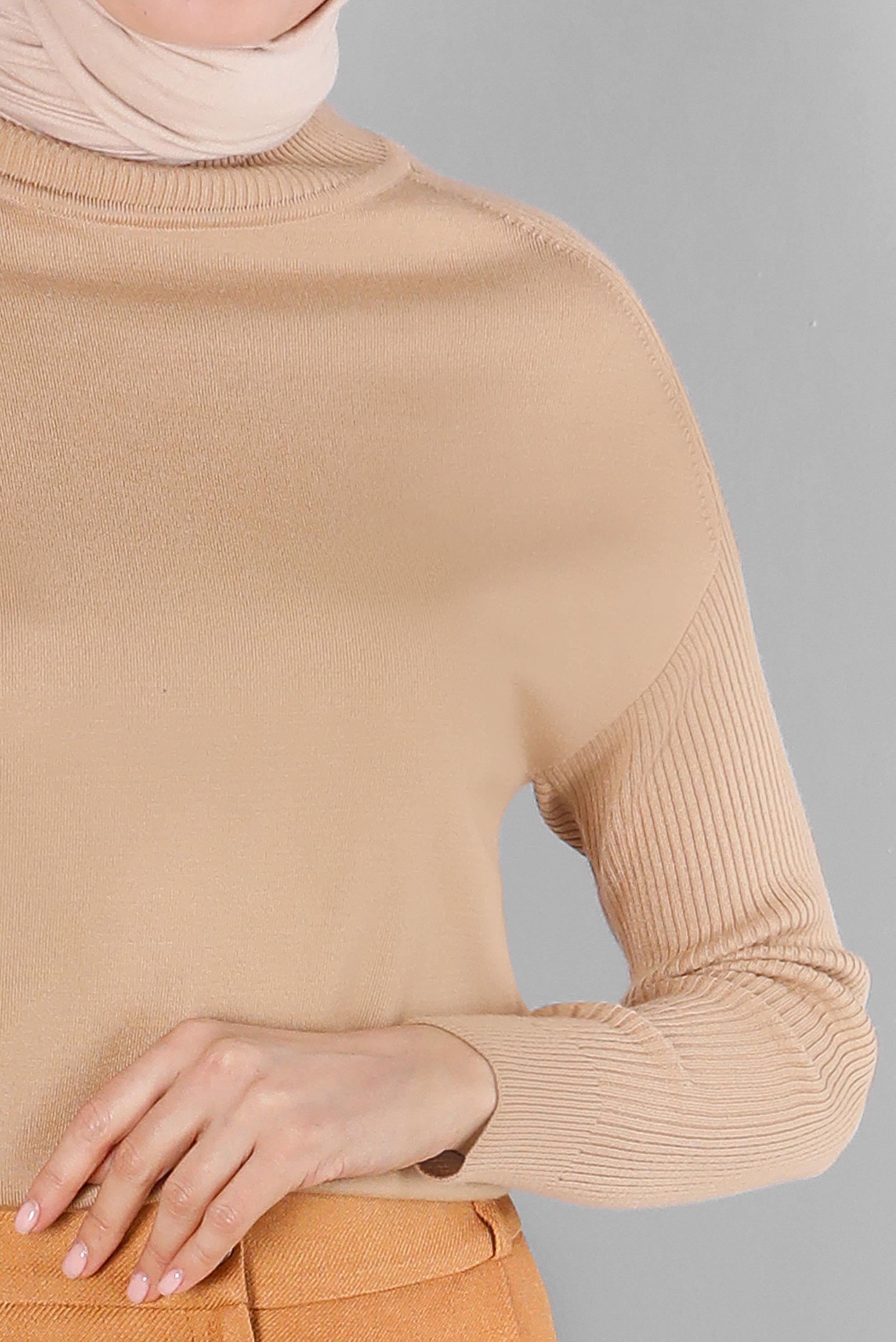 Tesettür giyim KAHVE MANŞETLERİ KENDİNDEN DESENLİ TRİKO KAZAK 43189