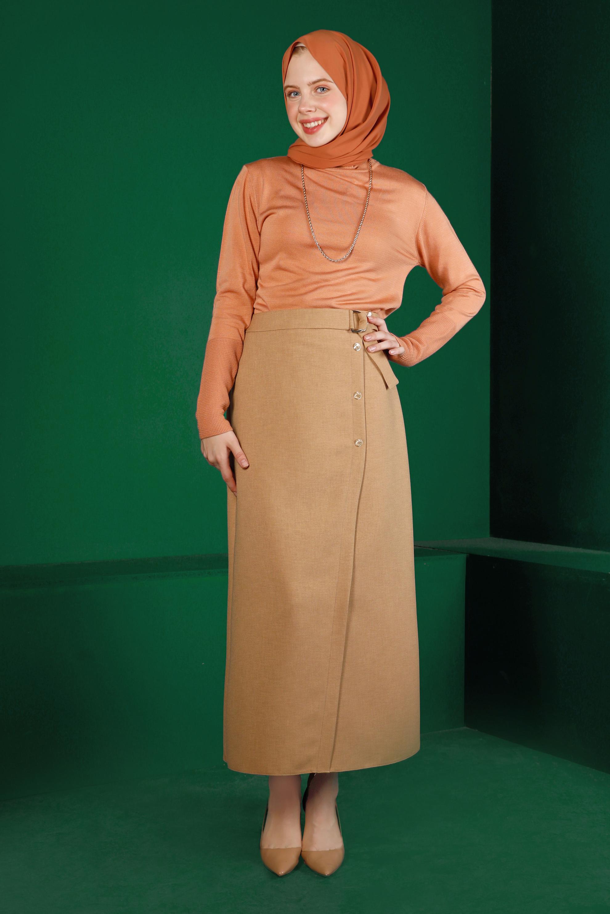 Tesettür giyim PUDRA MANŞETLERİ KENDİNDEN DESENLİ TRİKO KAZAK 43189