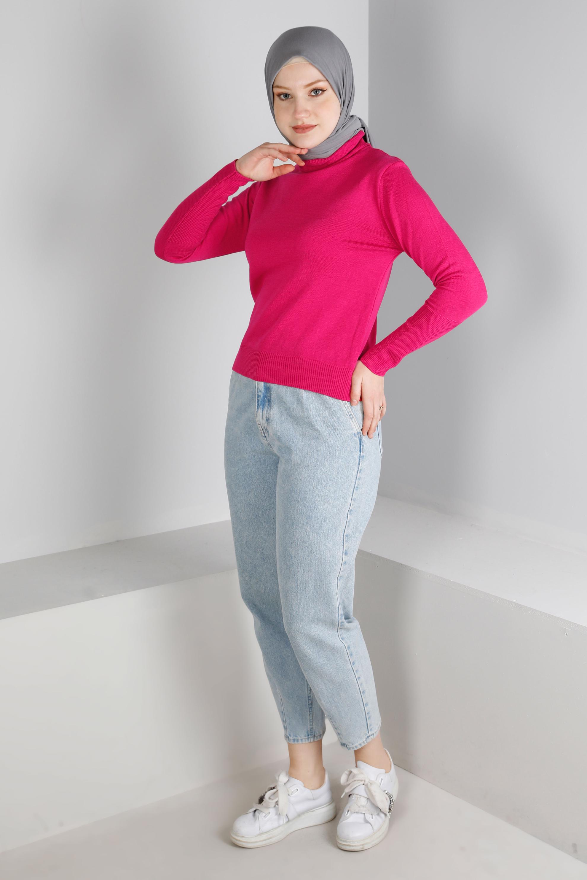 Hijab clothing FUCHSIA KNITWEAR SWEATER WITH PATTERNED CUFFS 43189