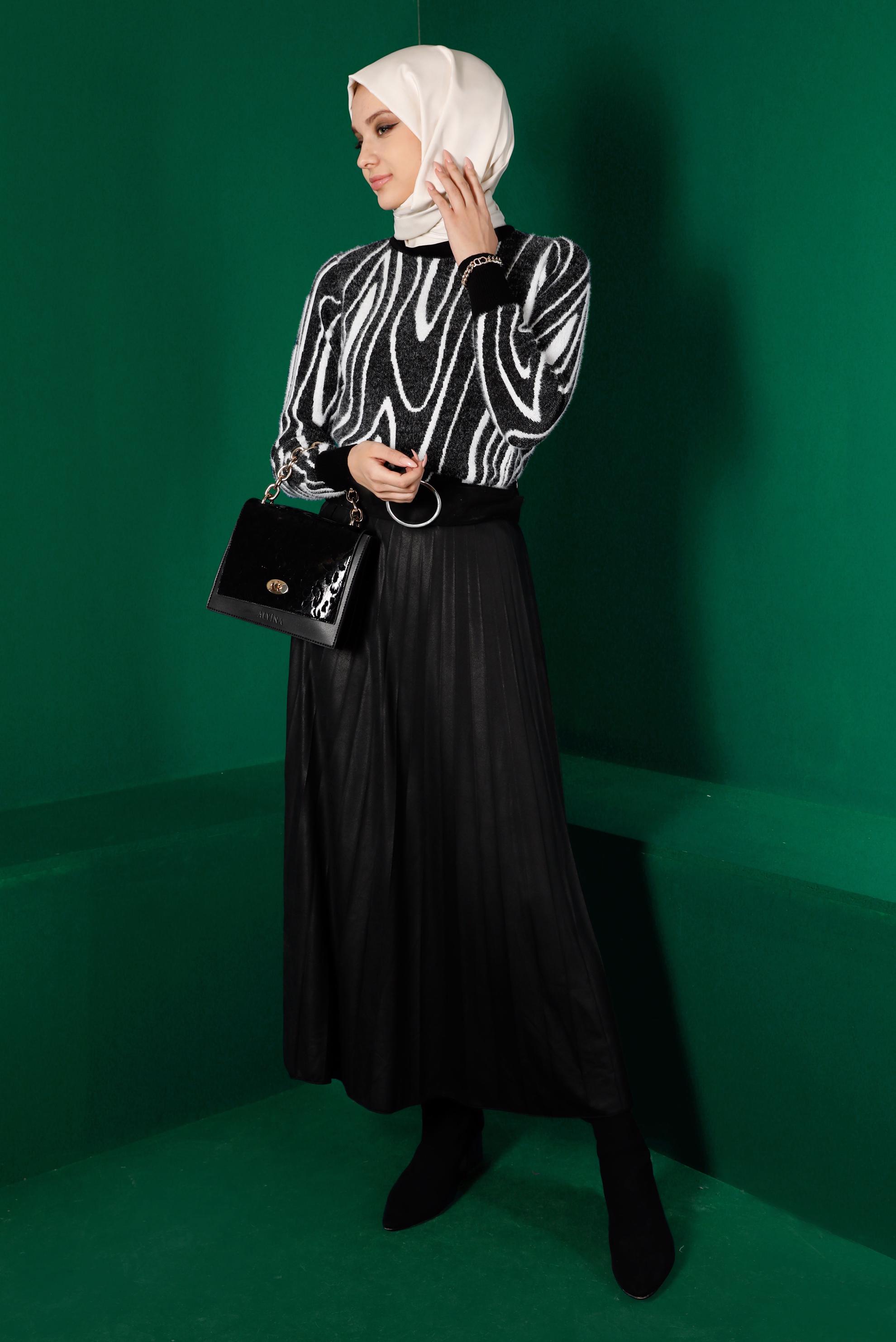 Tesettür giyim SİYAH BALIKÇI YAKA DESENLİ TRİKO KAZAK 43191 