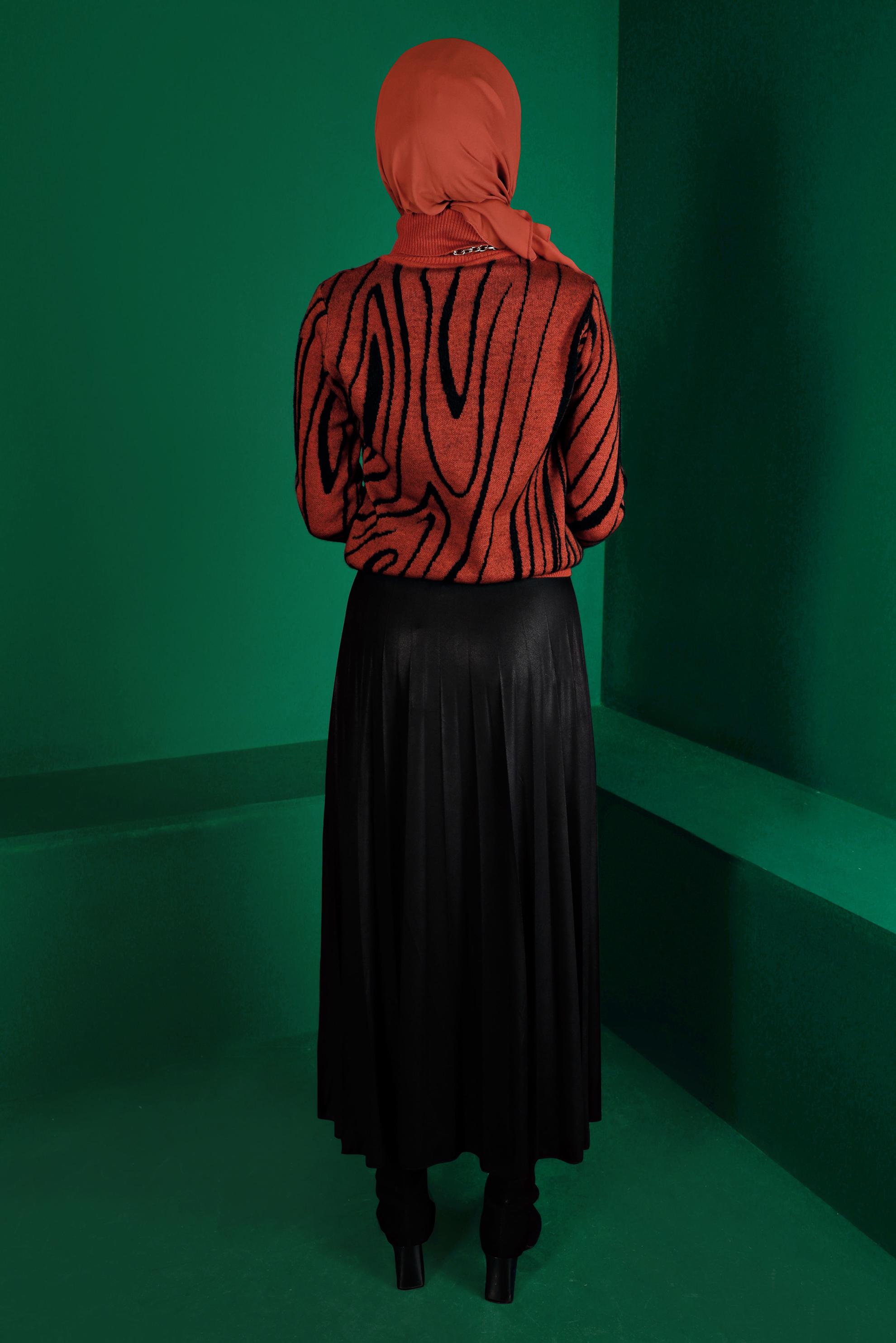 Tesettür giyim TURUNCU BALIKÇI YAKA DESENLİ TRİKO KAZAK 43191 