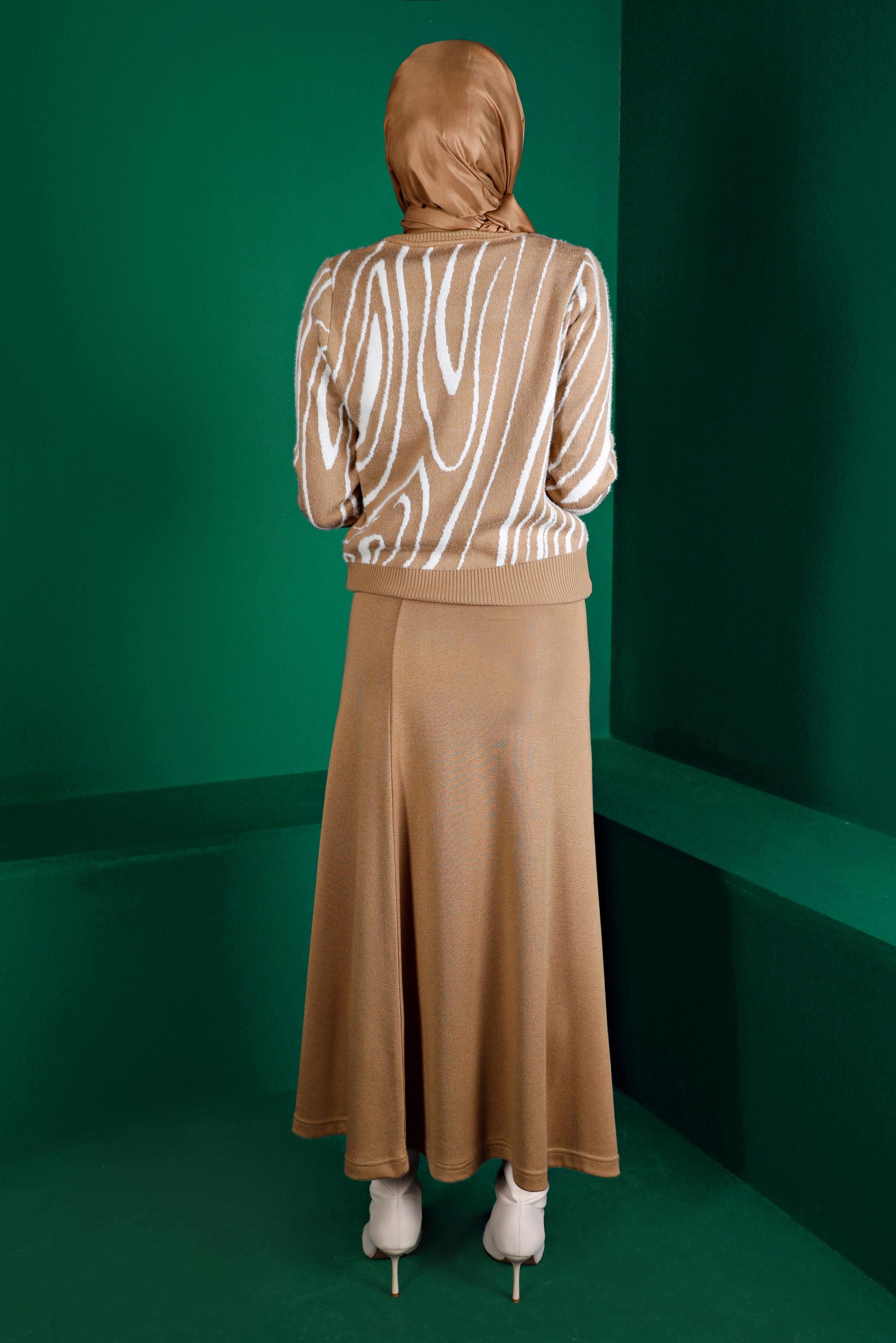 Tesettür giyim KAHVE BALIKÇI YAKA DESENLİ TRİKO KAZAK 43191 