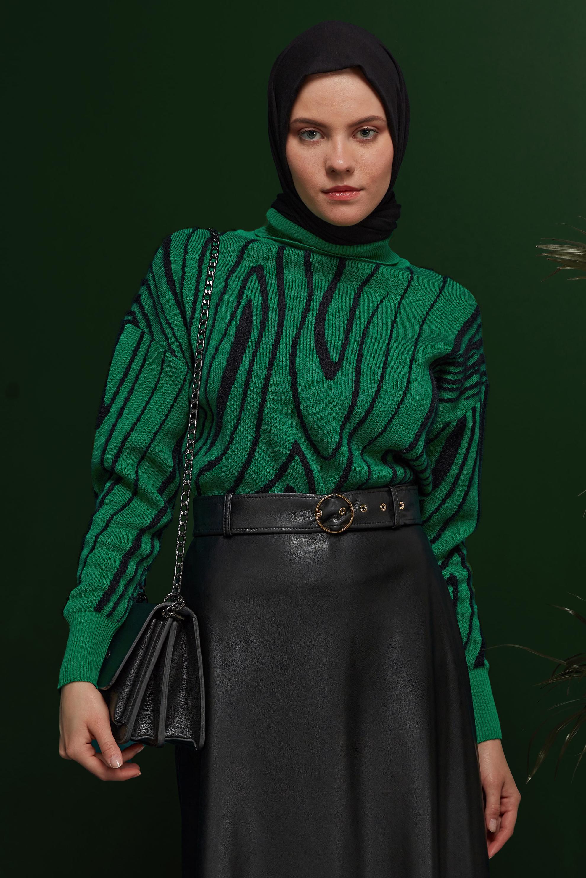 Tesettür giyim YEŞİL BALIKÇI YAKA DESENLİ TRİKO KAZAK 43191 