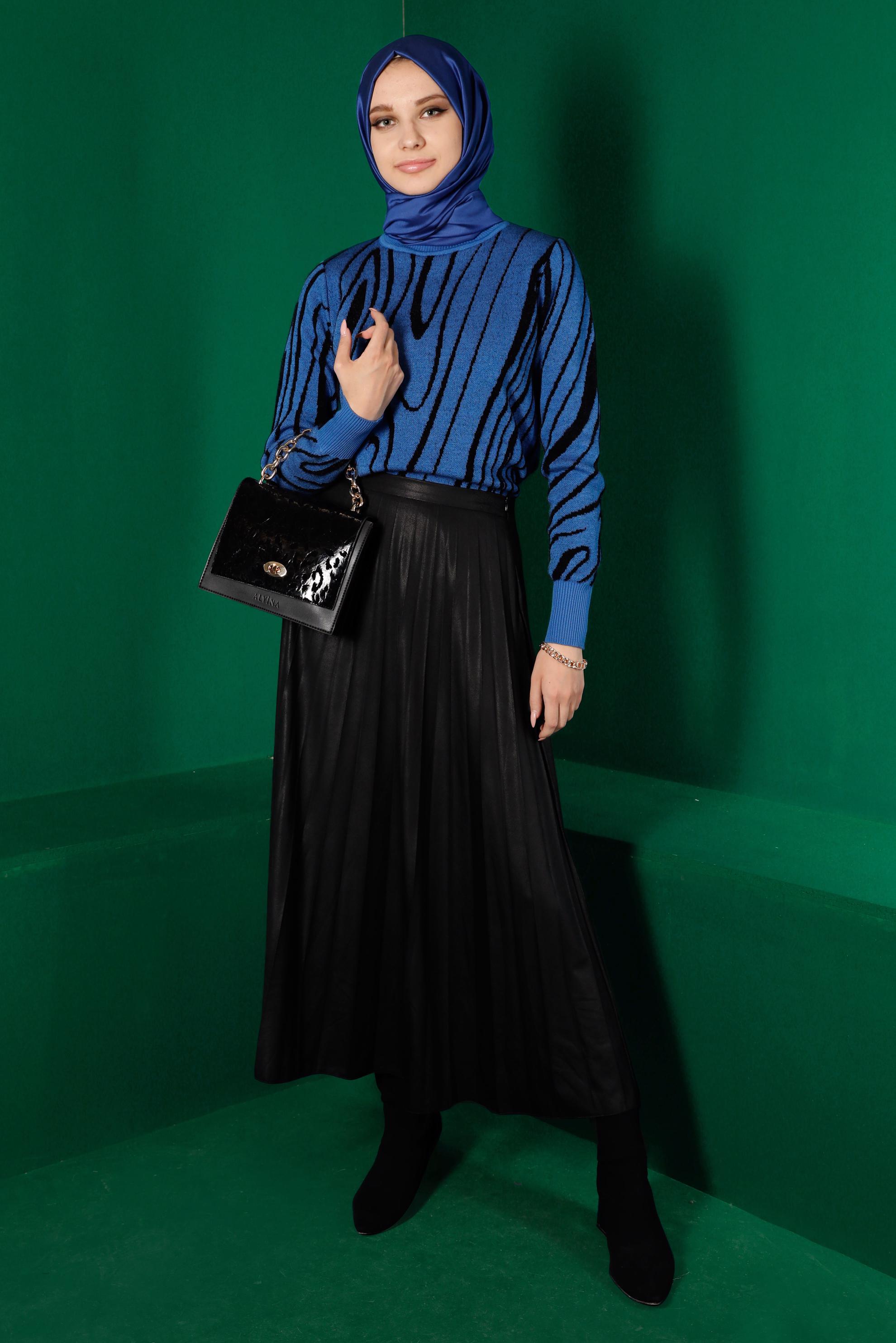 Tesettür giyim MAVİ BALIKÇI YAKA DESENLİ TRİKO KAZAK 43191 