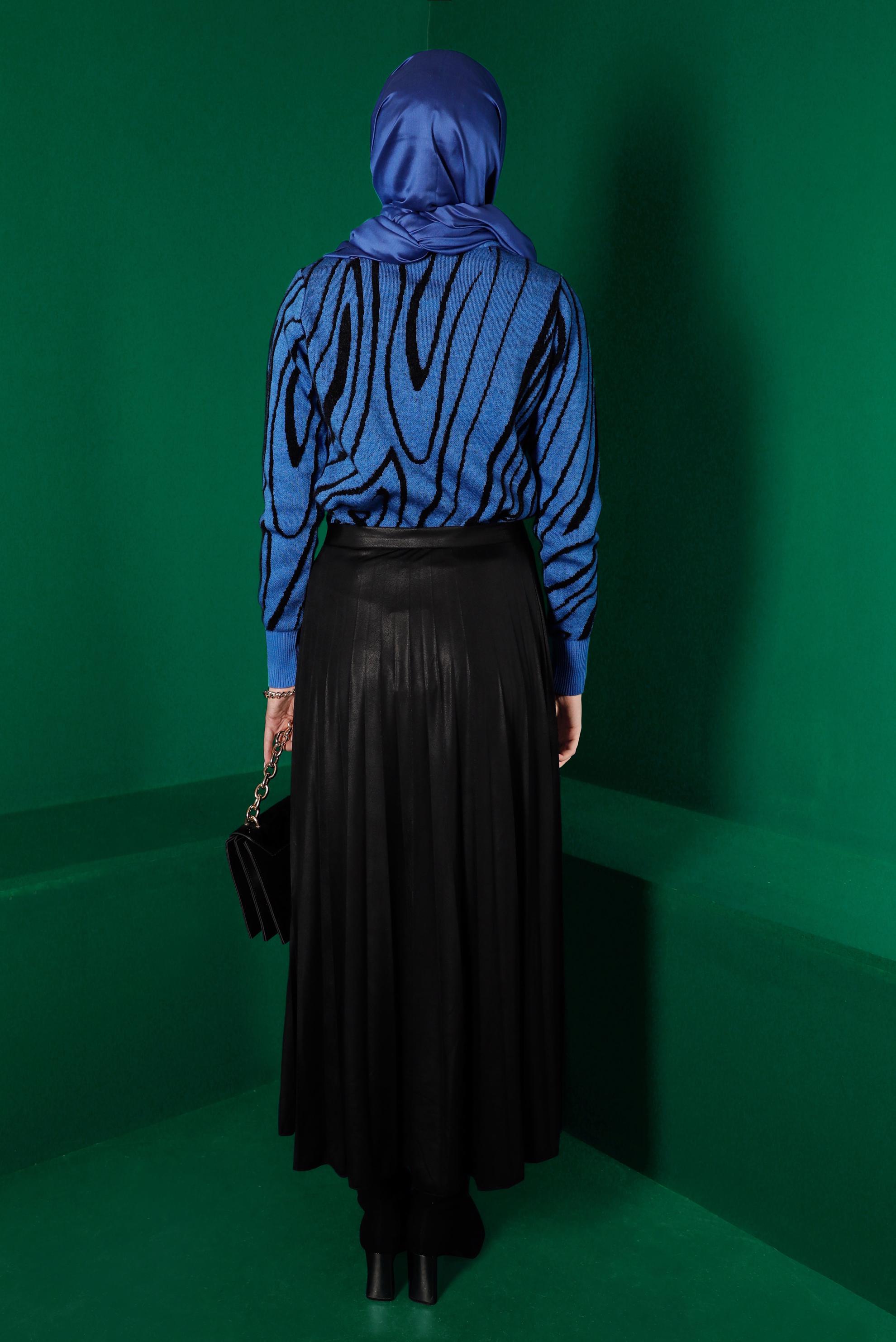 Tesettür giyim MAVİ BALIKÇI YAKA DESENLİ TRİKO KAZAK 43191 