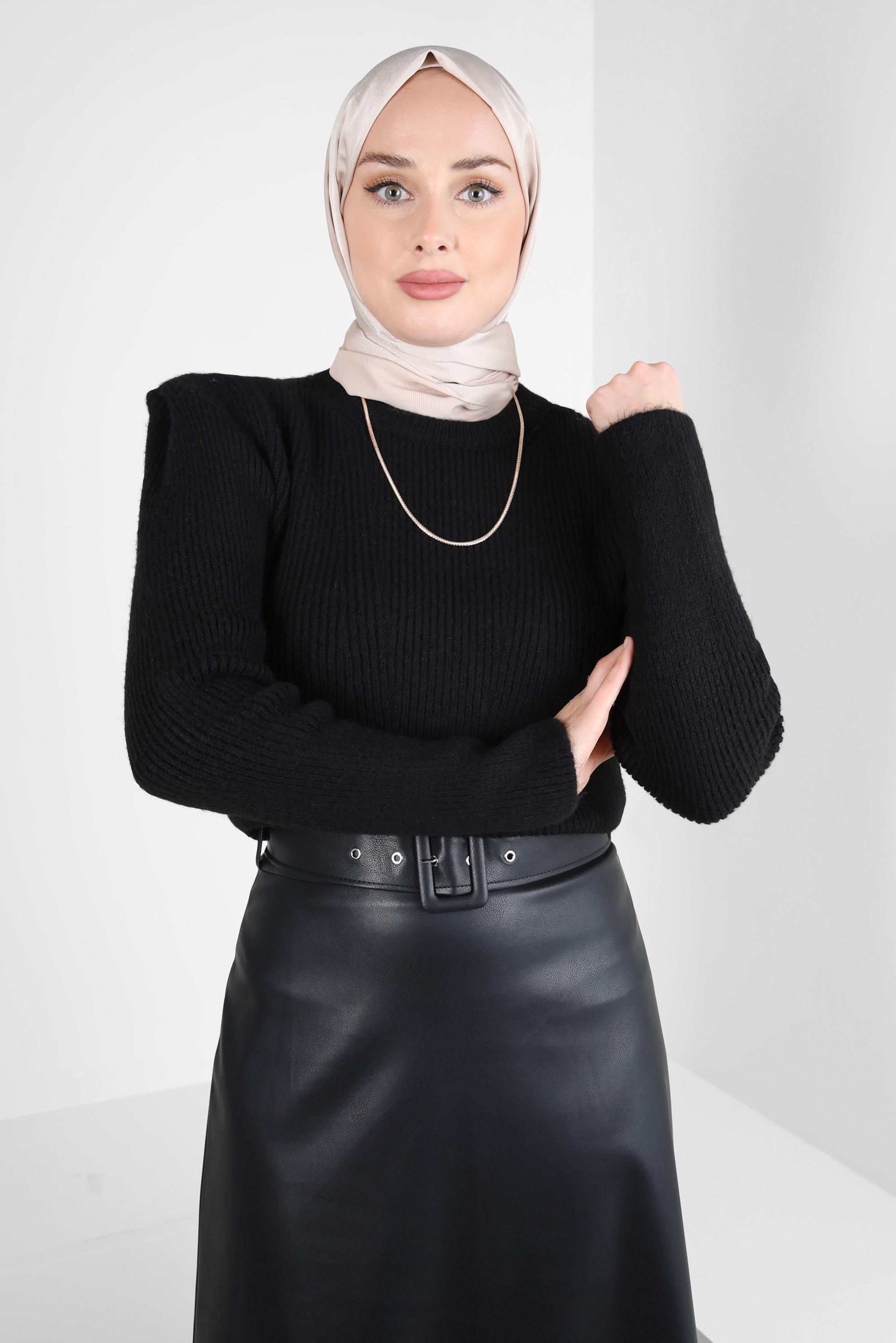 Tesettür giyim SİYAH VATKA GÖRÜNÜMLÜ TRİKO KAZAK 43192 