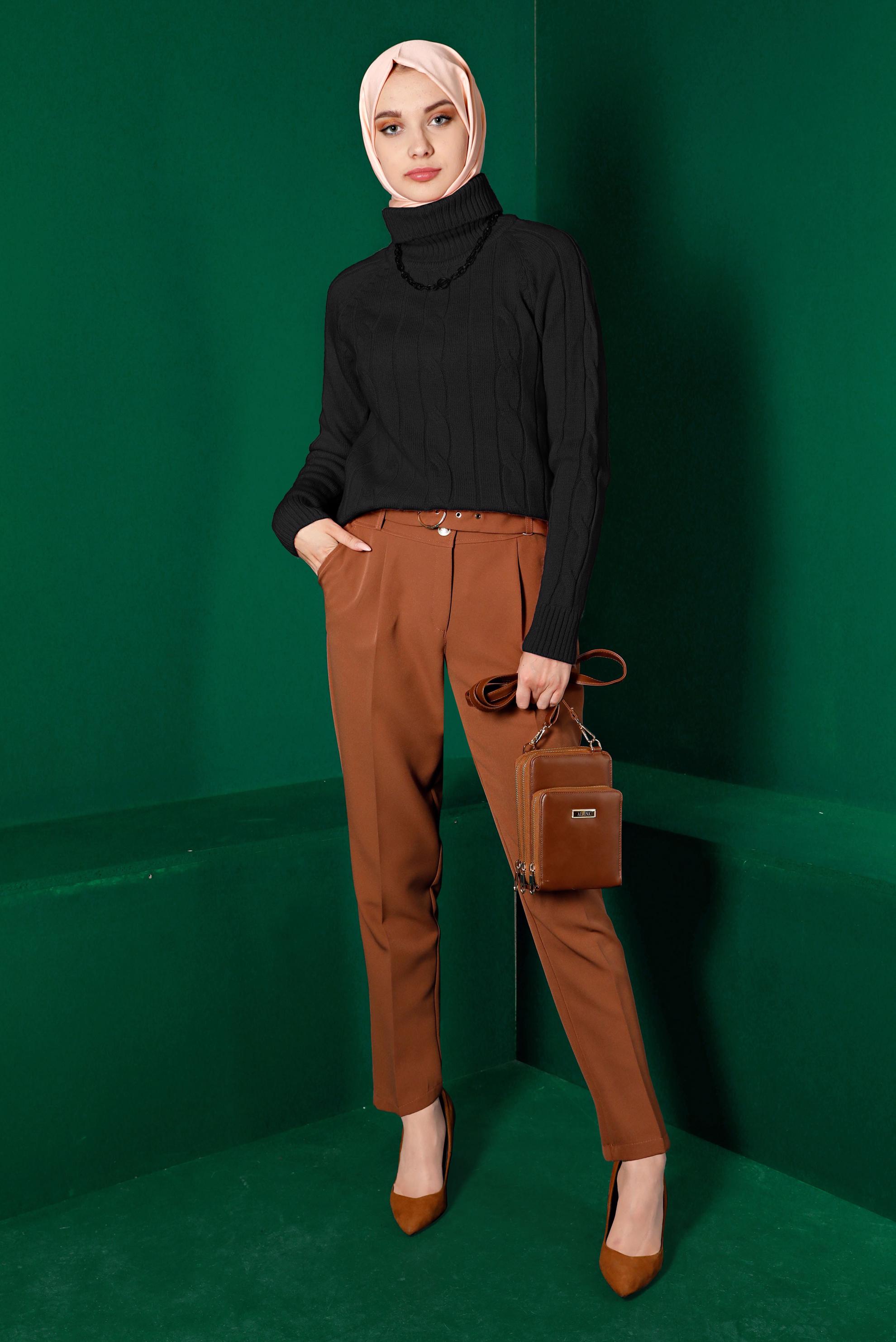 Tesettür giyim SİYAH ÖRGÜ DESENLİ TRİKO KAZAK 43193 