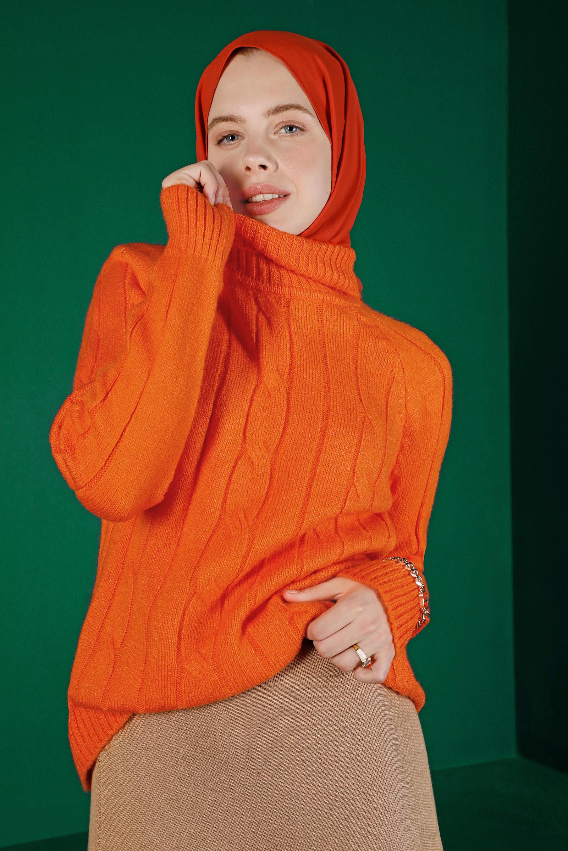 Tesettür giyim TURUNCU ÖRGÜ DESENLİ TRİKO KAZAK 43193 