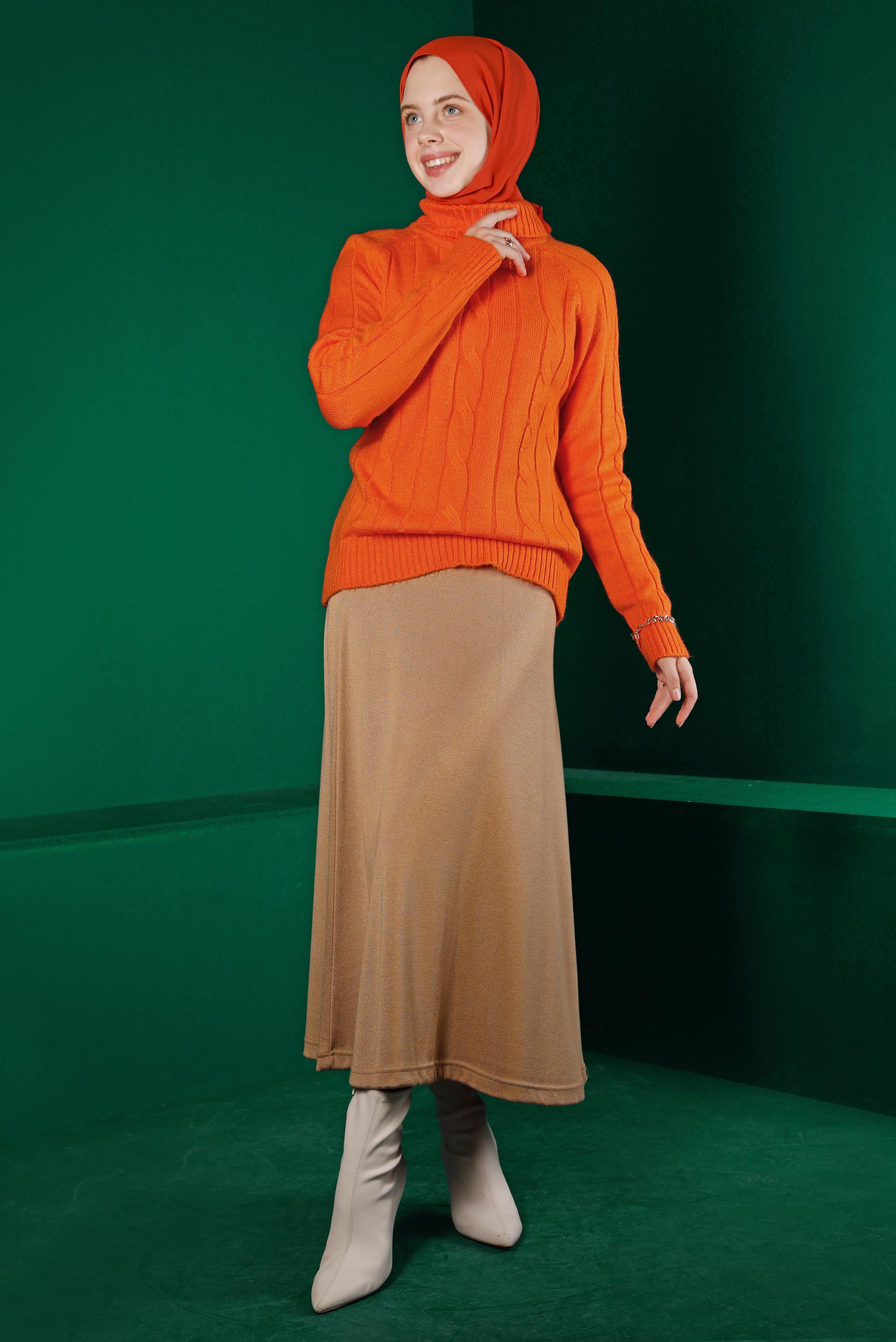 Tesettür giyim TURUNCU ÖRGÜ DESENLİ TRİKO KAZAK 43193 