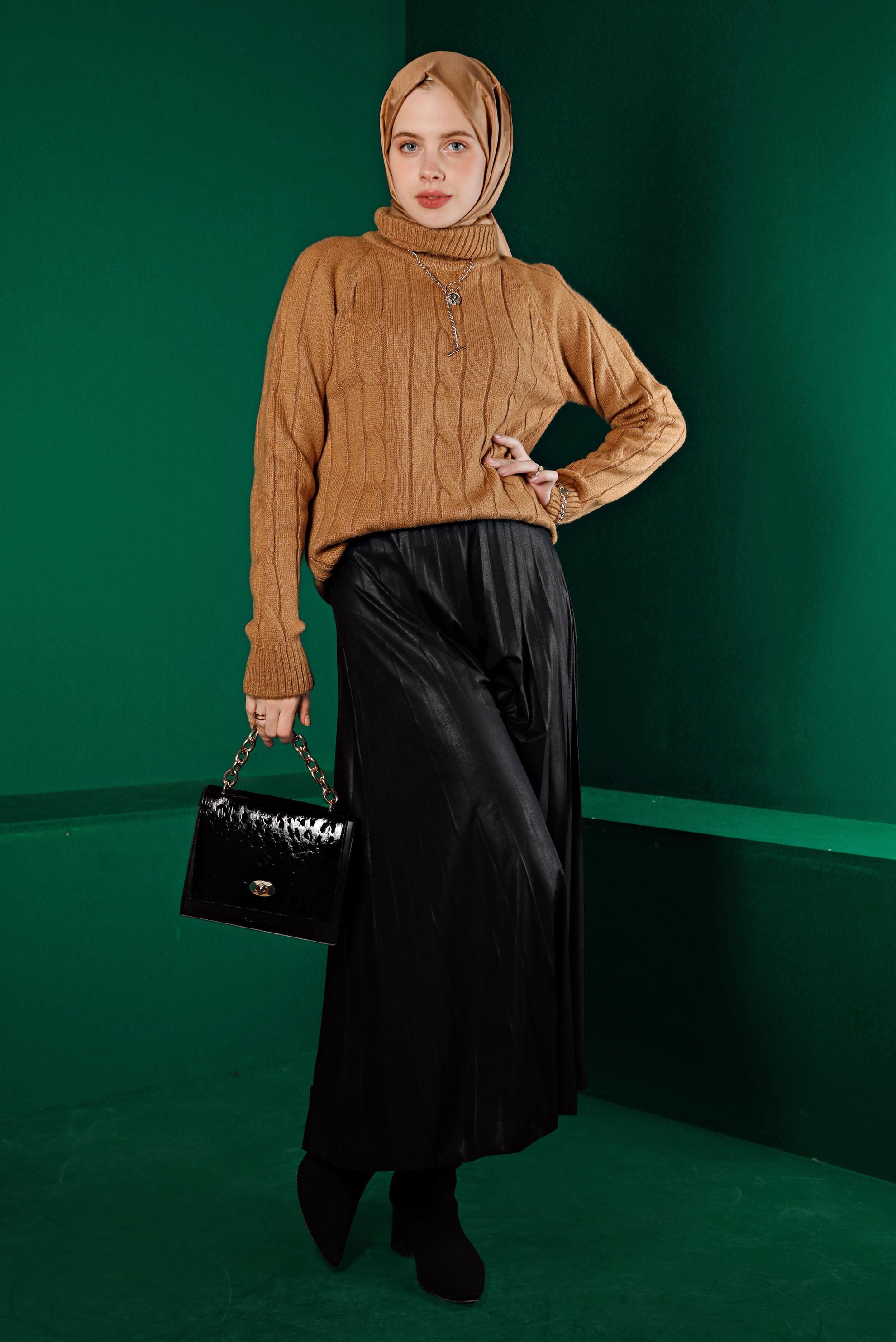 Tesettür giyim KAHVE ÖRGÜ DESENLİ TRİKO KAZAK 43193 