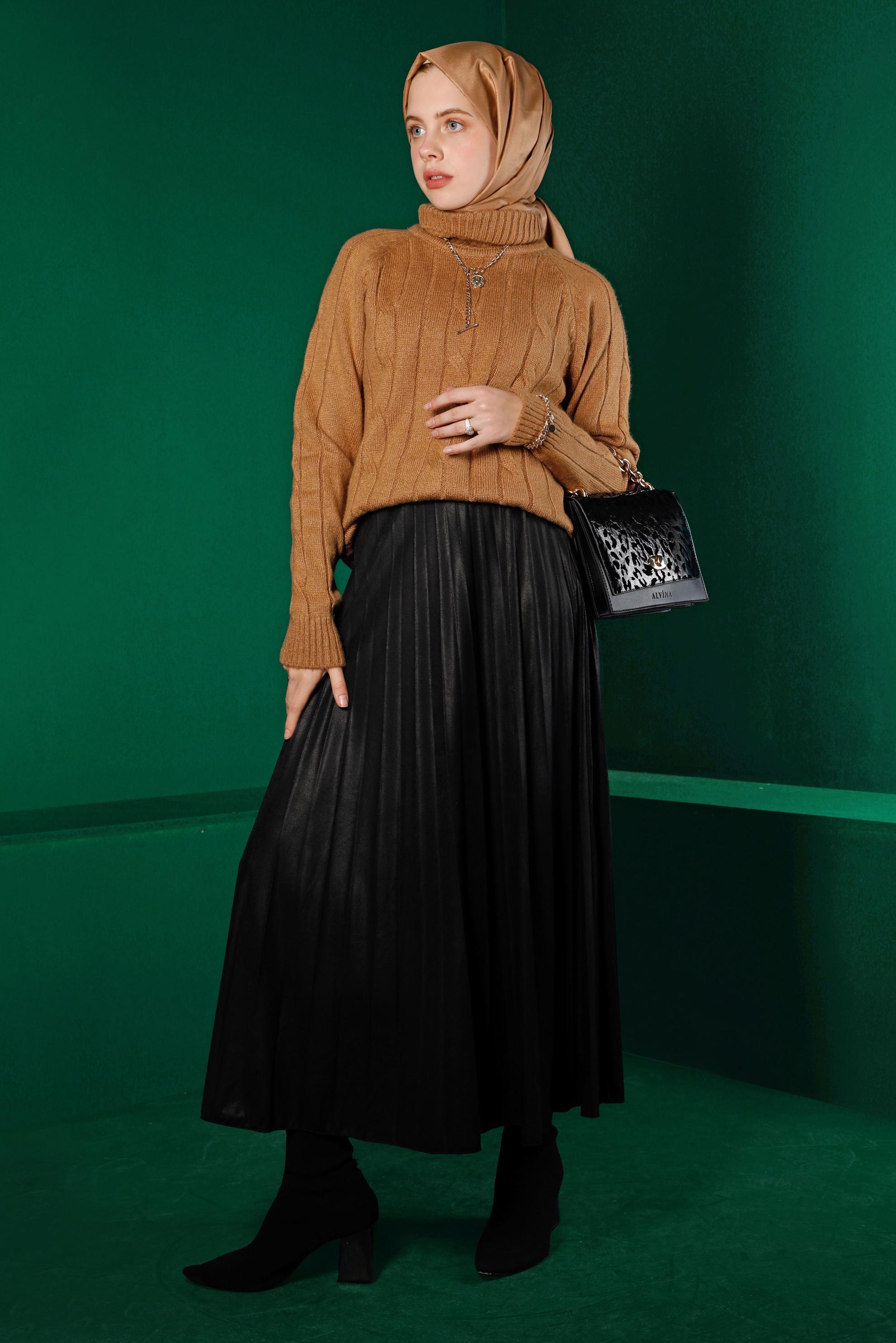 Tesettür giyim KAHVE ÖRGÜ DESENLİ TRİKO KAZAK 43193 