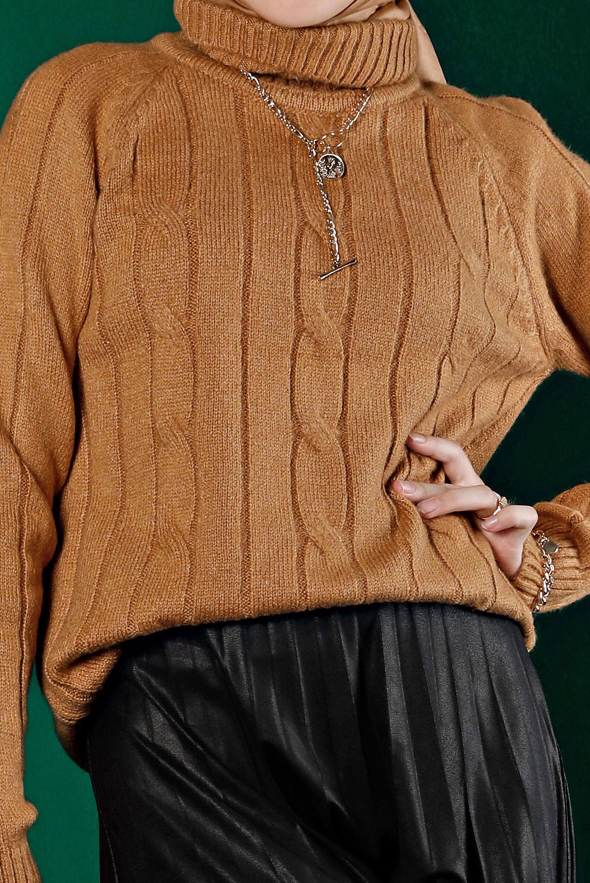 Tesettür giyim KAHVE ÖRGÜ DESENLİ TRİKO KAZAK 43193 