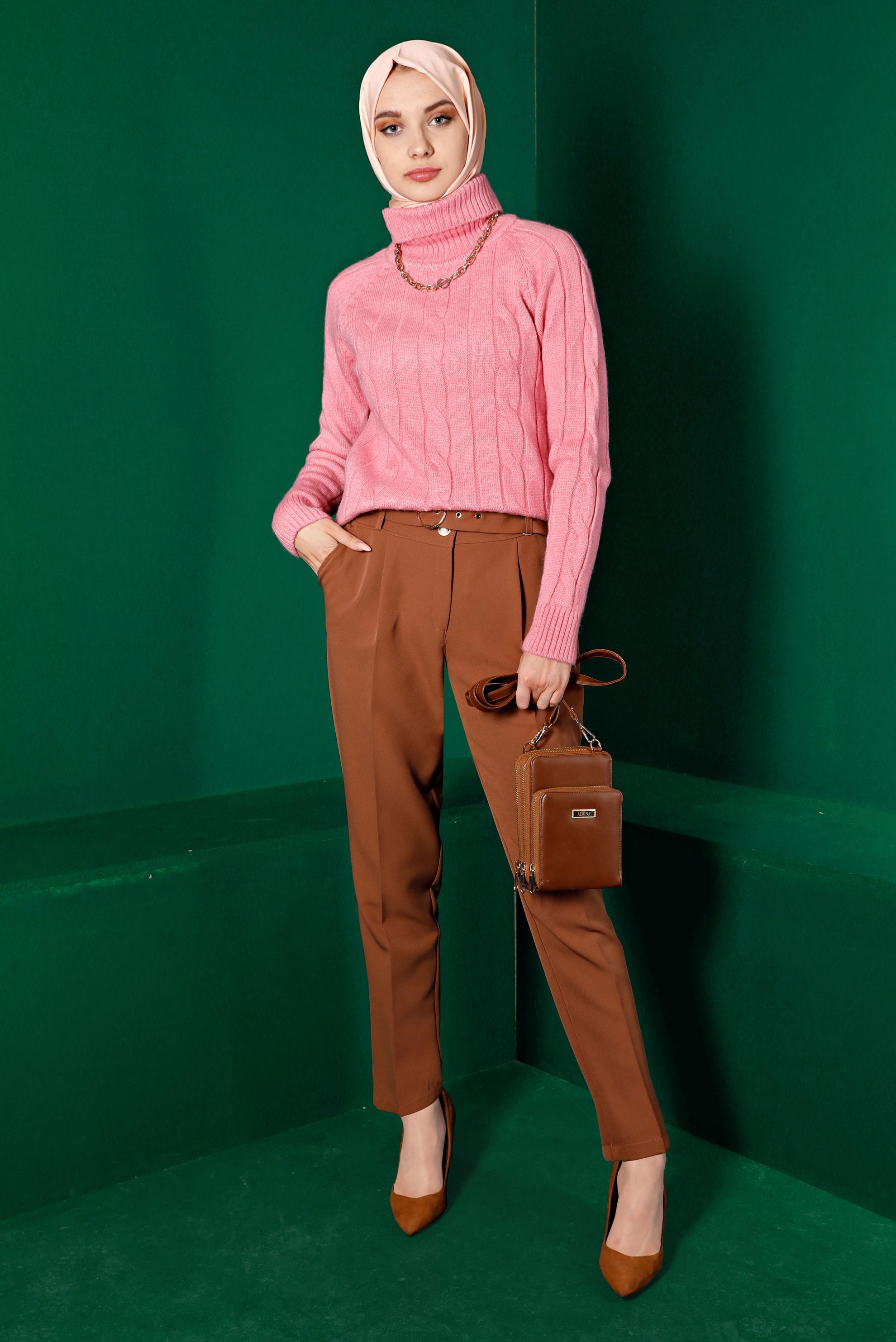 Tesettür giyim PUDRA ÖRGÜ DESENLİ TRİKO KAZAK 43193 