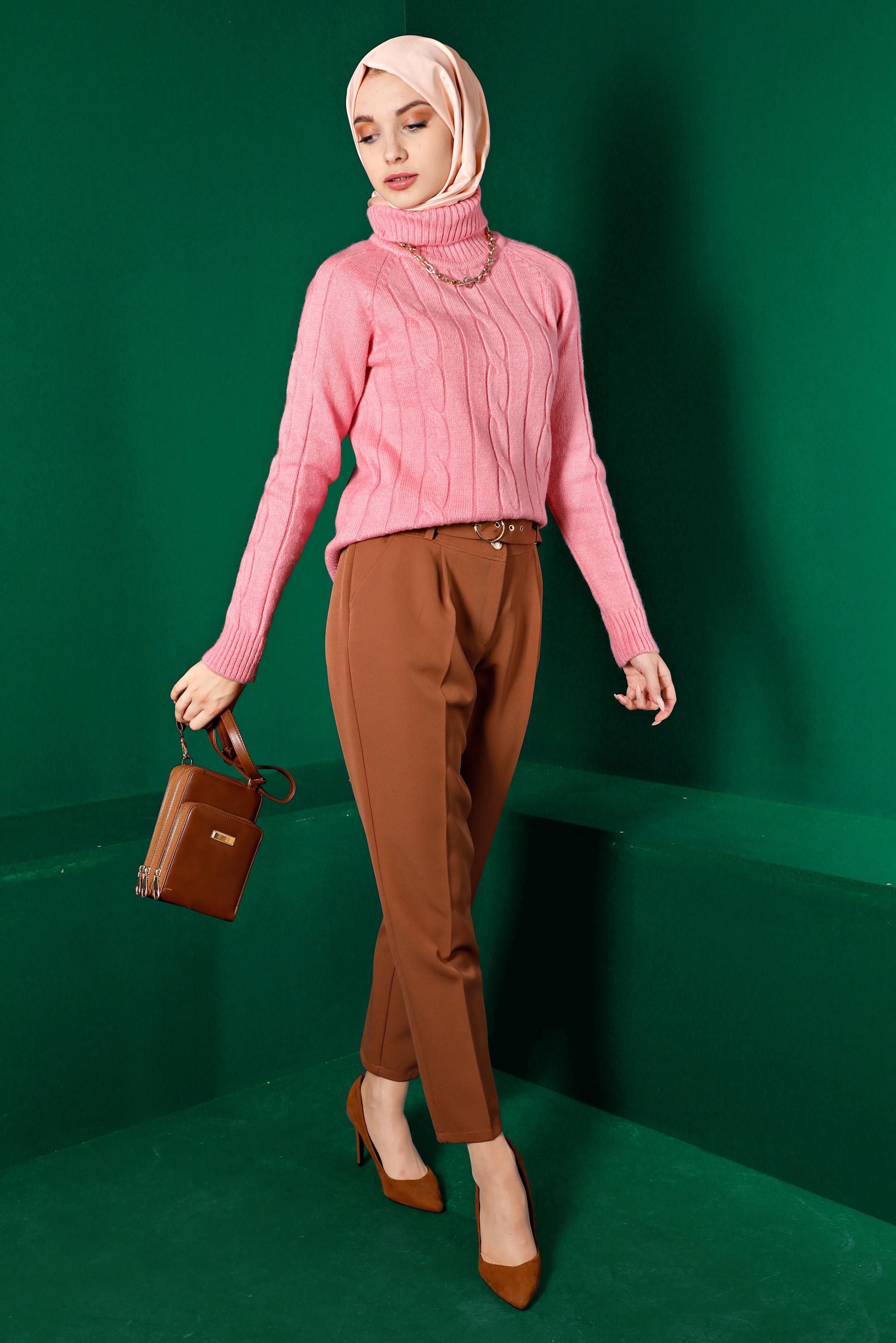 Tesettür giyim PUDRA ÖRGÜ DESENLİ TRİKO KAZAK 43193 