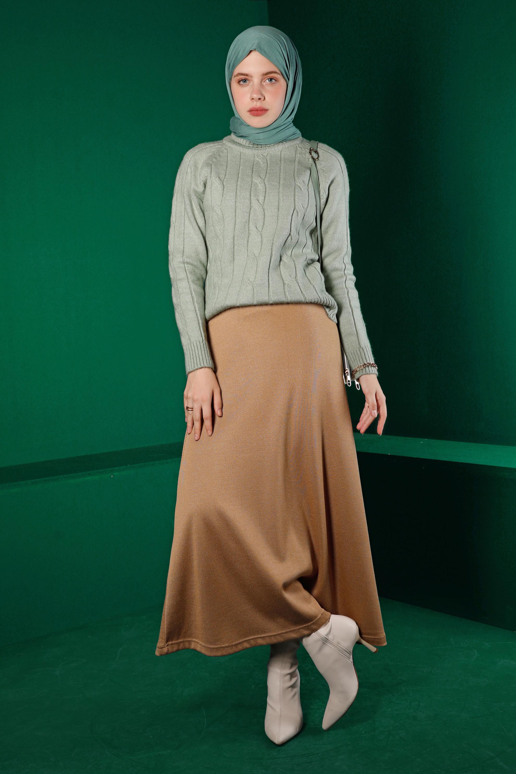 Tesettür giyim YEŞİL ÖRGÜ DESENLİ TRİKO KAZAK 43193 