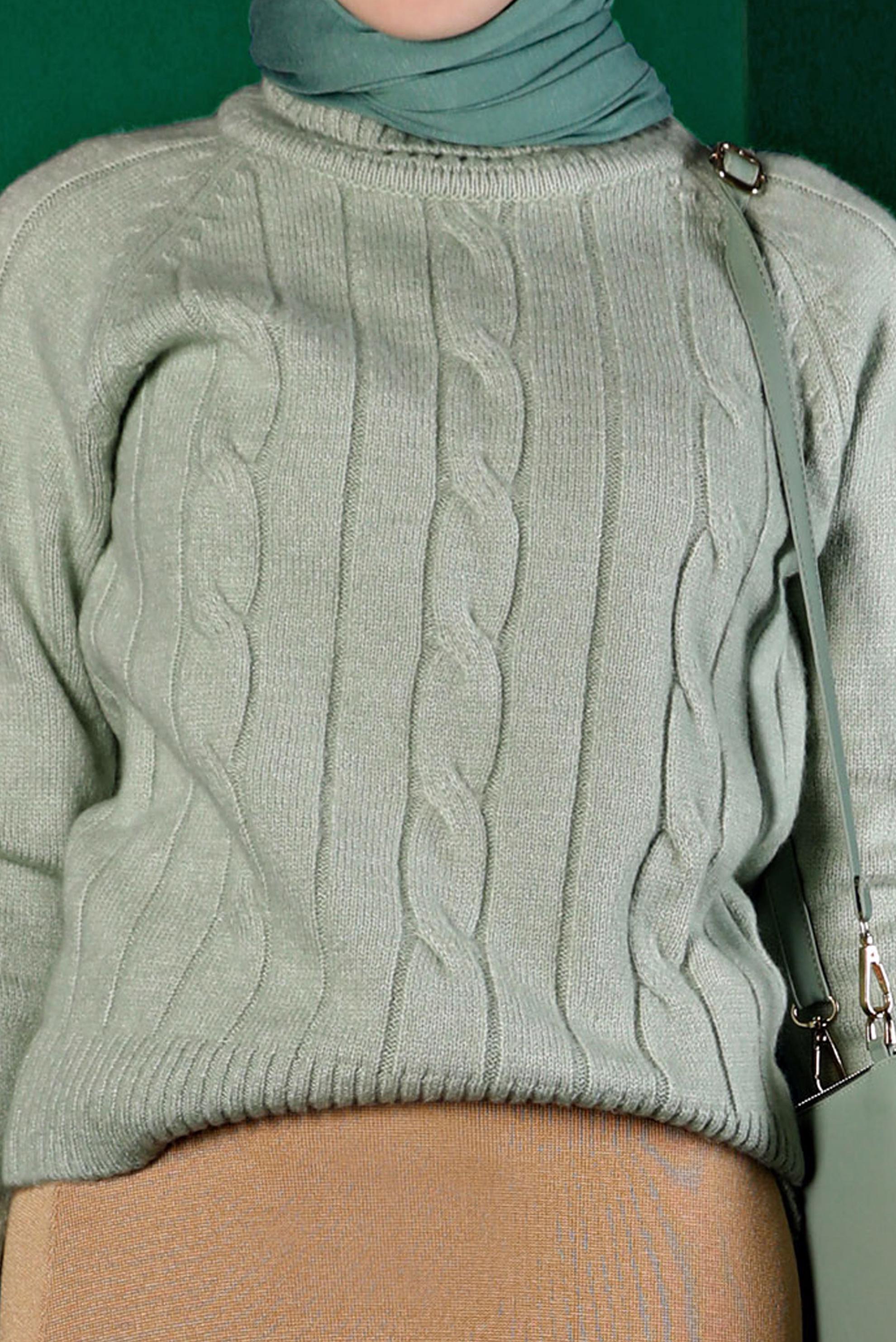 Tesettür giyim YEŞİL ÖRGÜ DESENLİ TRİKO KAZAK 43193 