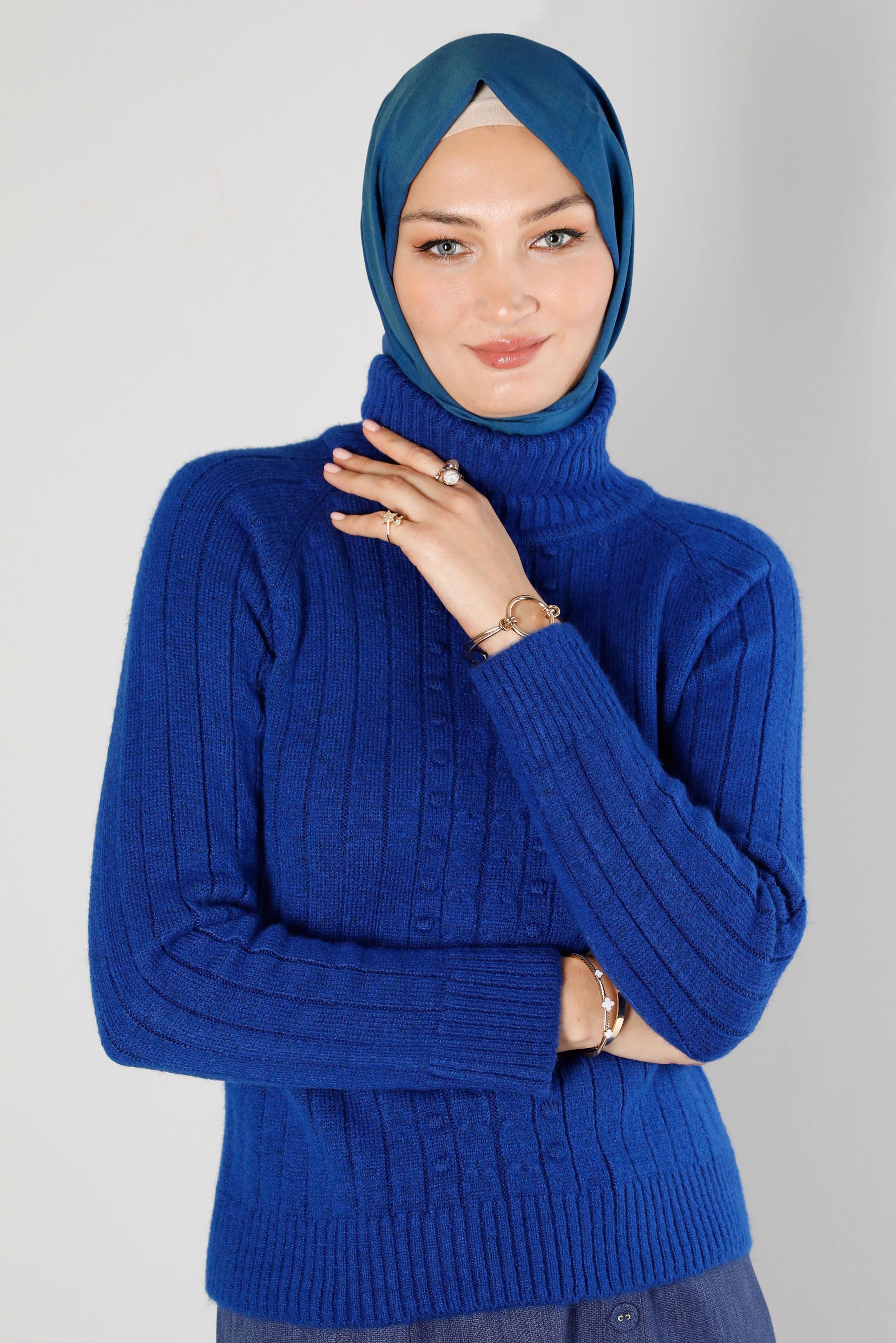 Tesettür giyim LACİVERT KENDİNDEN DESENLİ BOĞAZLI TRİKO KAZAK 43194 