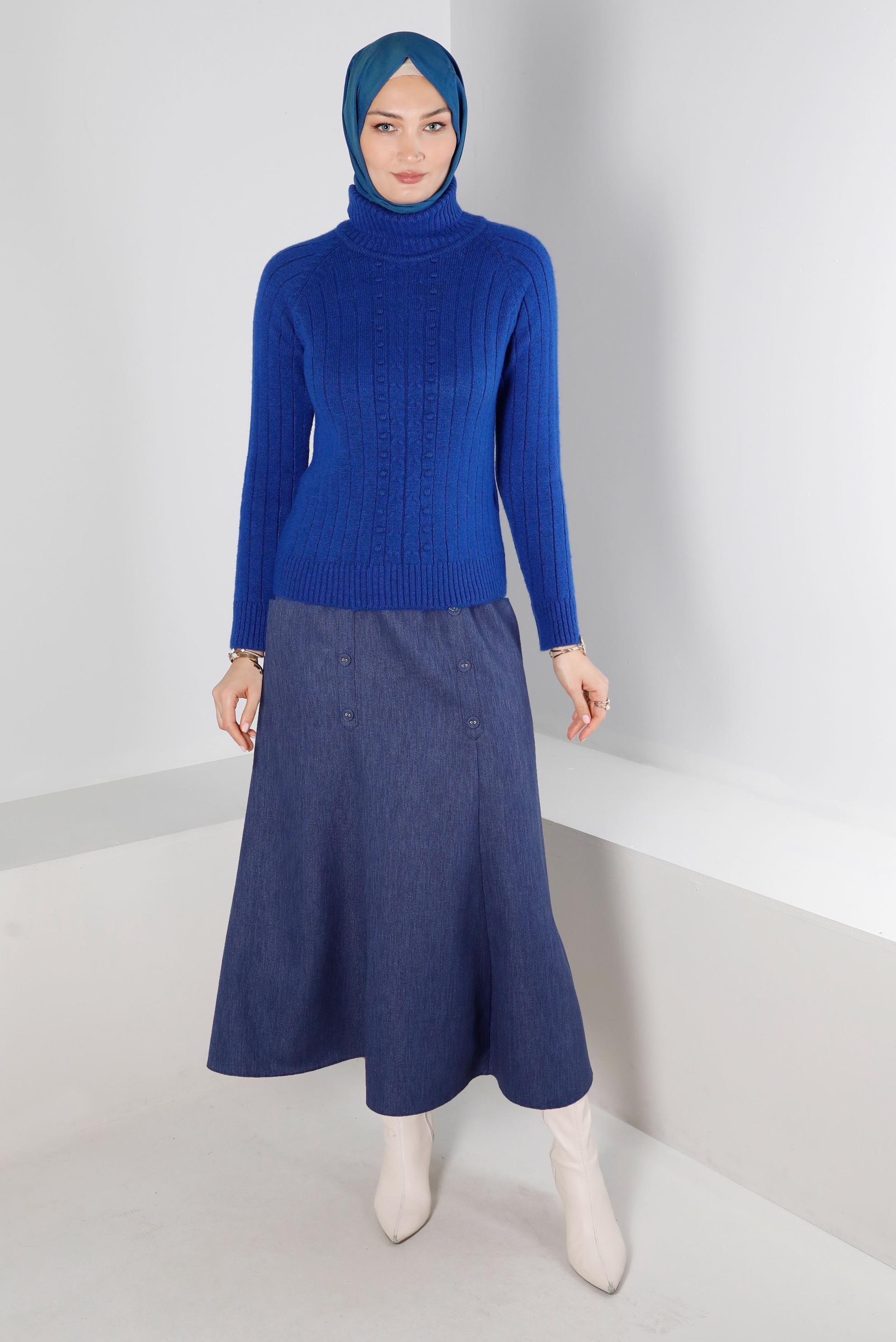 Tesettür giyim LACİVERT KENDİNDEN DESENLİ BOĞAZLI TRİKO KAZAK 43194 