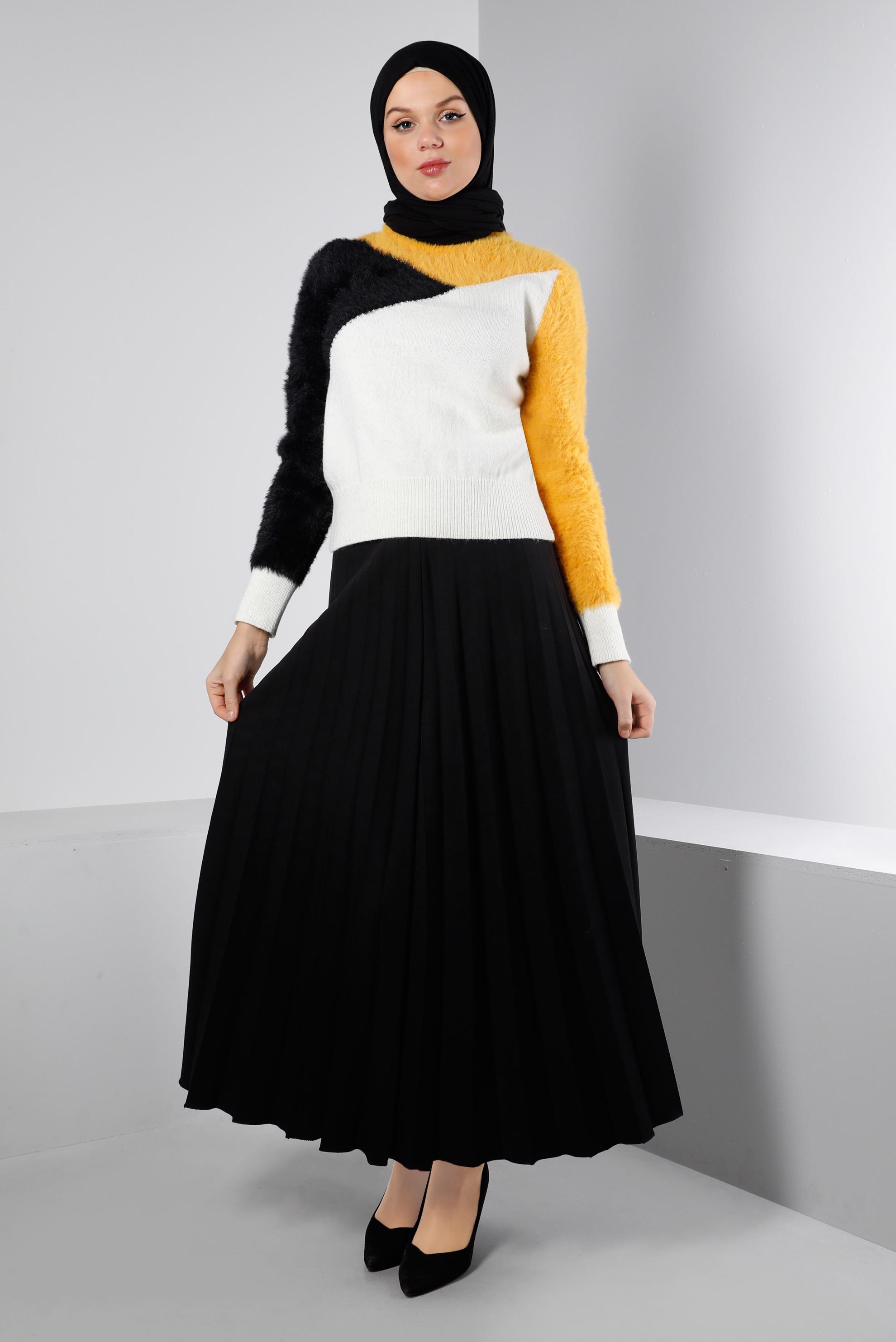 Tesettür giyim BEJ RENK BLOKLU TÜYLÜ TRİKO KAZAK 43242 