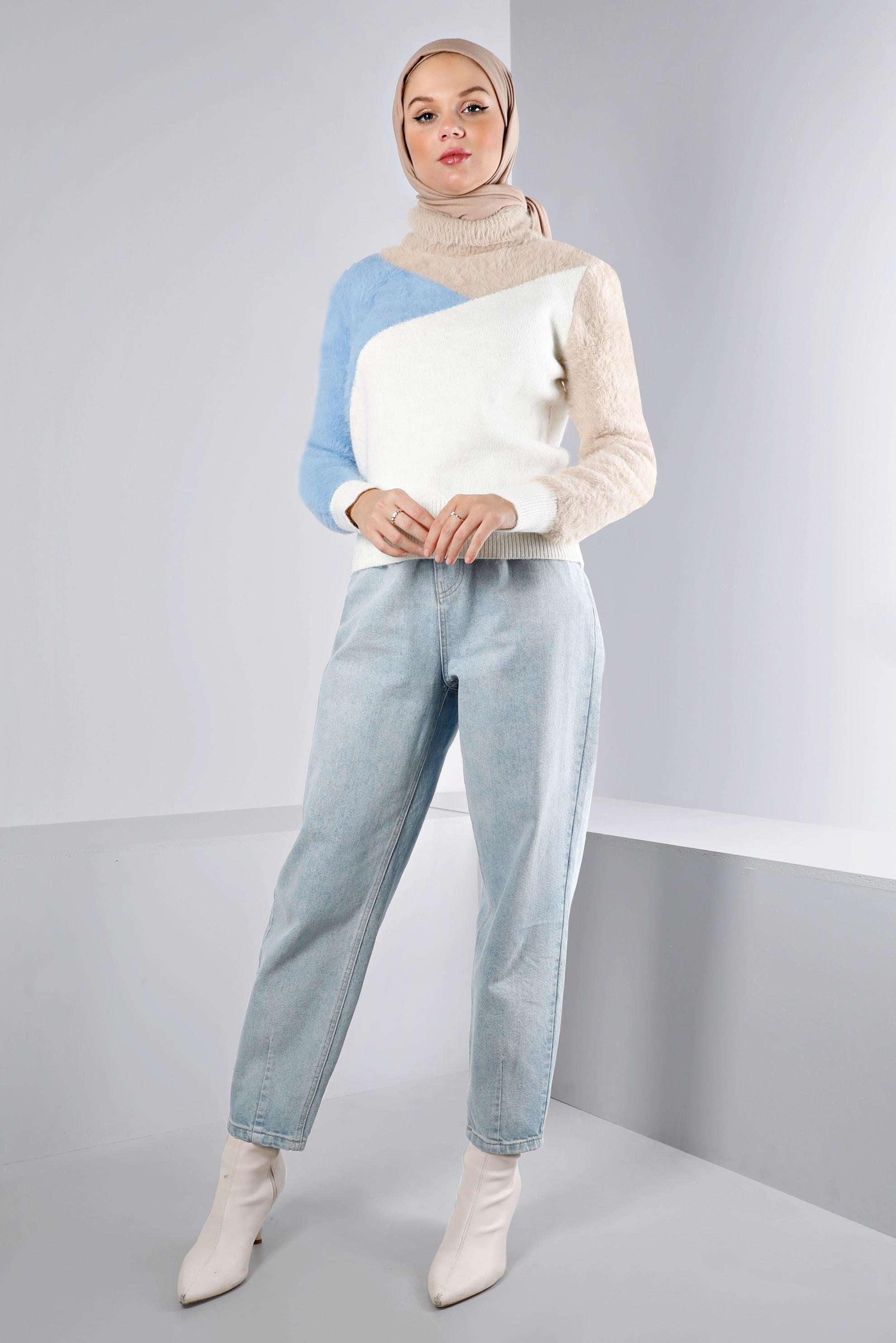 Tesettür giyim BEJ RENK BLOKLU TÜYLÜ TRİKO KAZAK 43242 