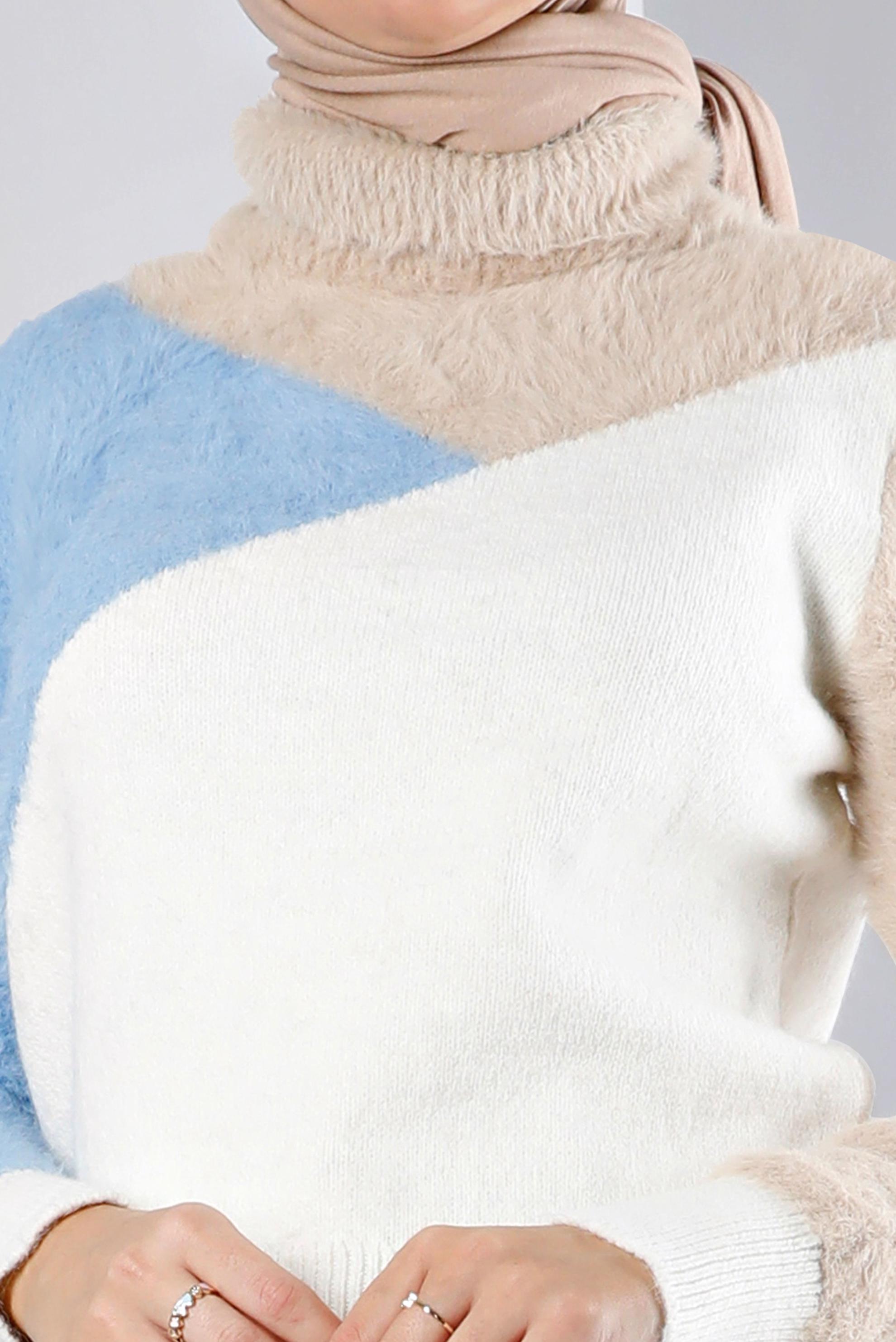 Tesettür giyim BEJ RENK BLOKLU TÜYLÜ TRİKO KAZAK 43242 