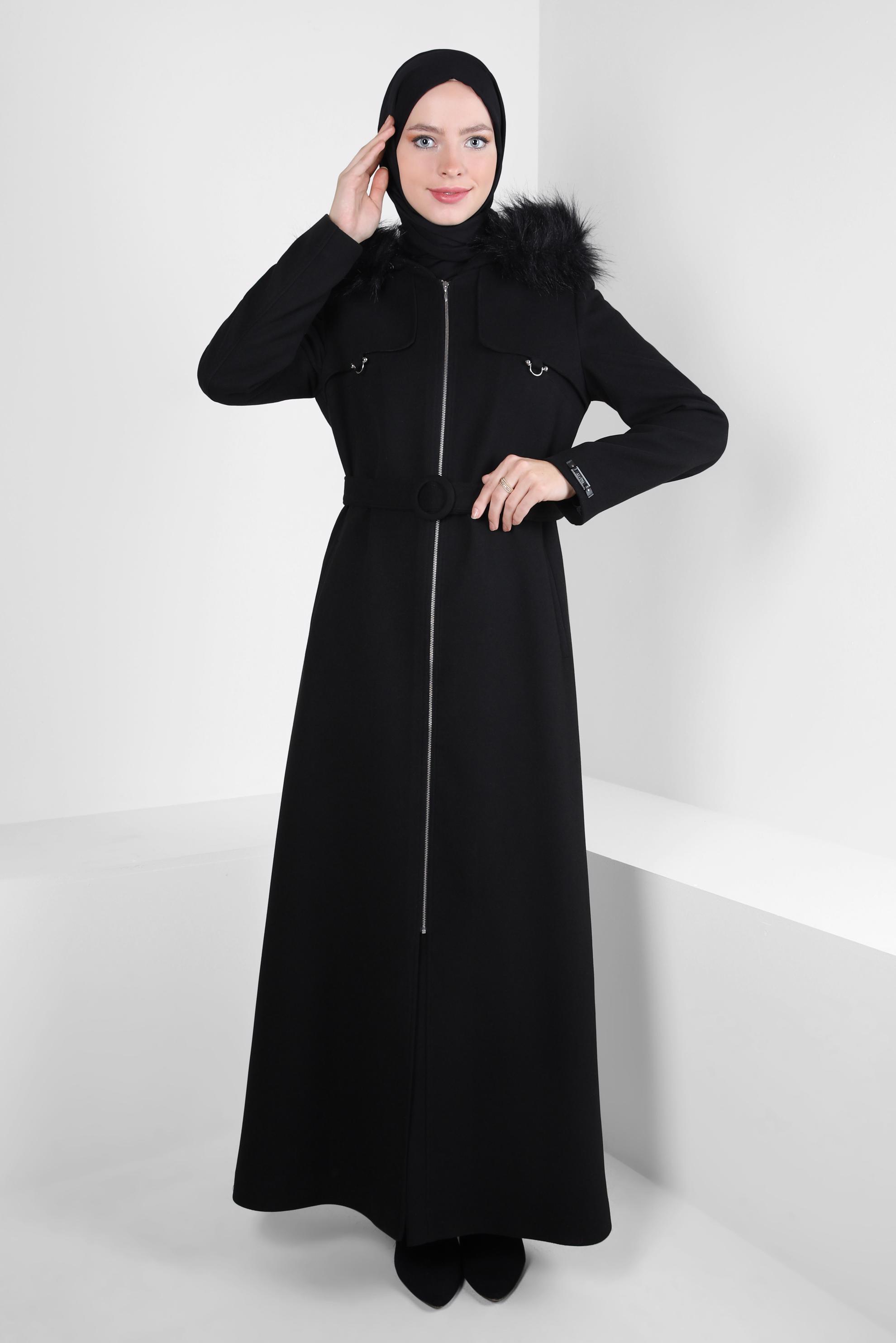 Tesettür giyim SİYAH KAPÜŞONLU MANTO 90235