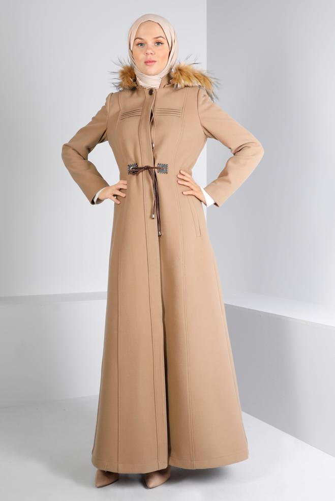 Hijab clothing BEIGE FURRY HOODED OVERCOAT 90262 - ALVİNA