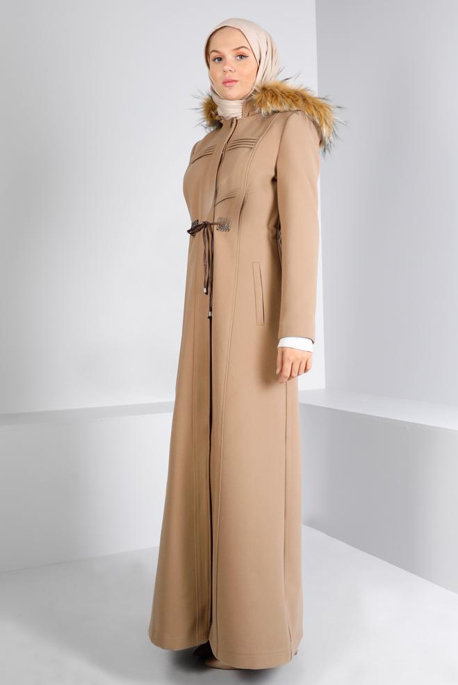 Hijab clothing BEIGE FURRY HOODED OVERCOAT 90262 - ALVİNA