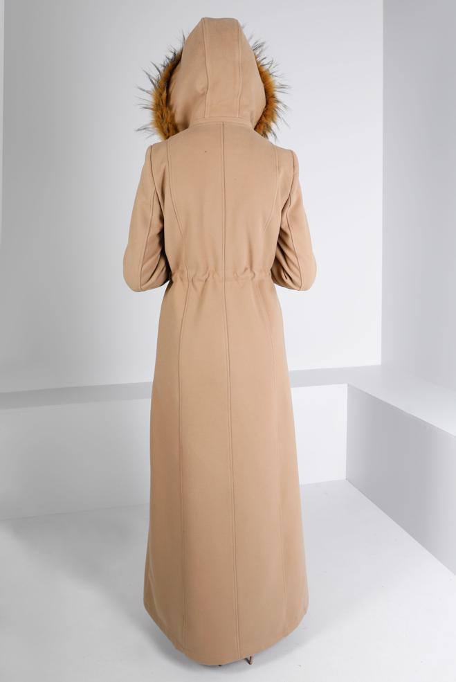 Hijab clothing BEIGE FURRY HOODED OVERCOAT 90262 - ALVİNA