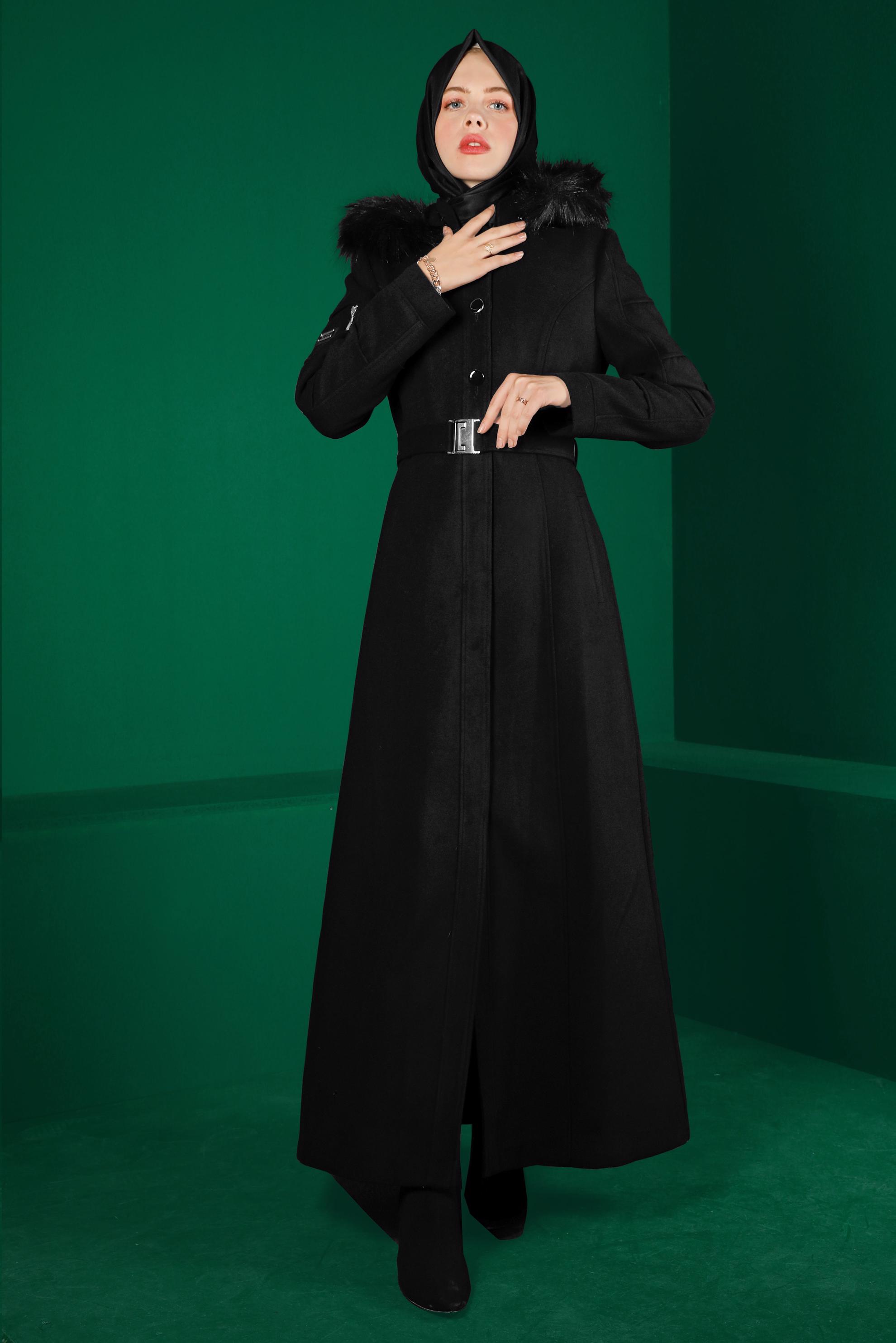 Vêtements hijab NOIR MANTEAU À BOUTONS ET CEINTURE 90276