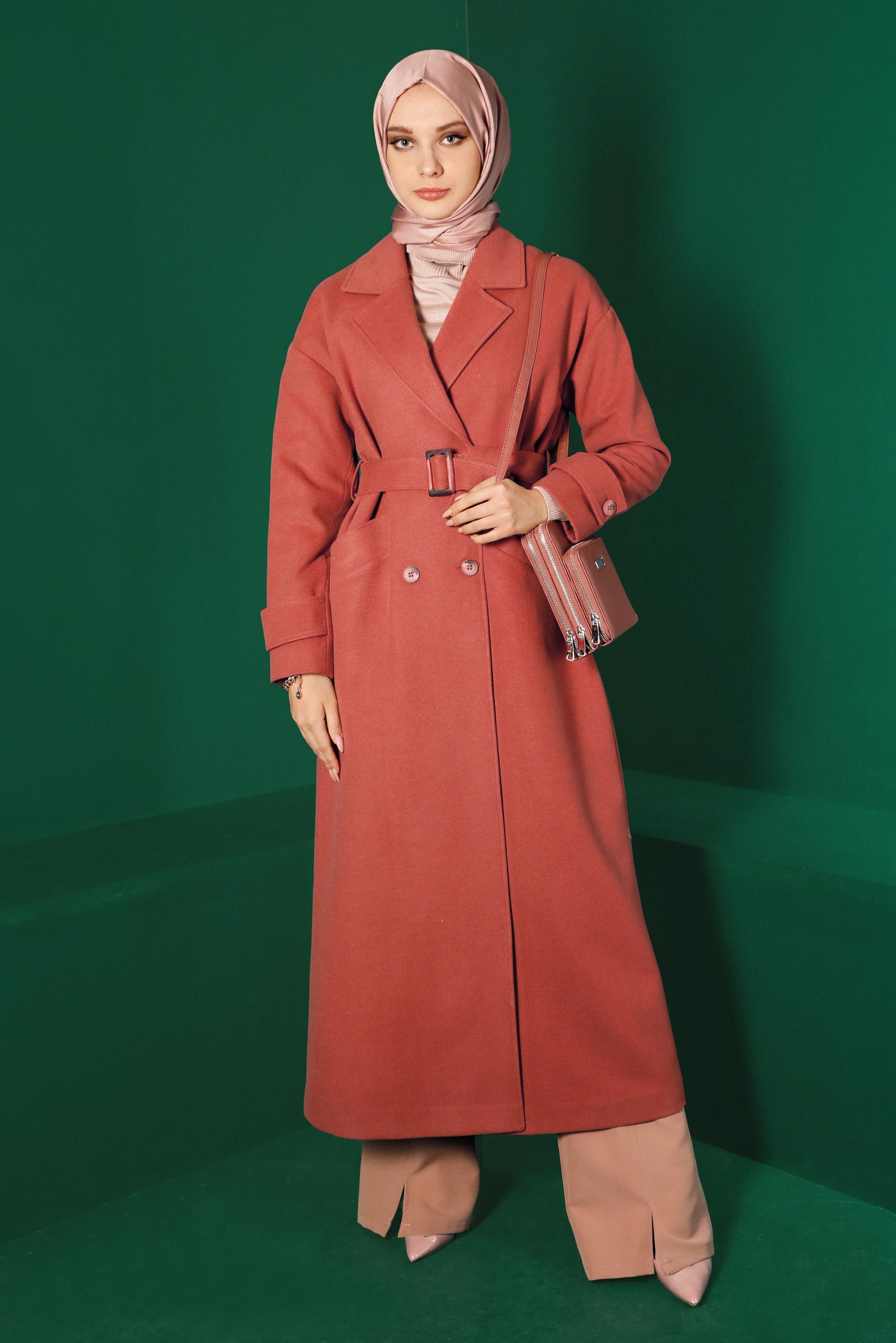 Tesettür giyim TABA KUŞAKLI DÜĞMELİ UZUN KAŞE MANTO 90300 