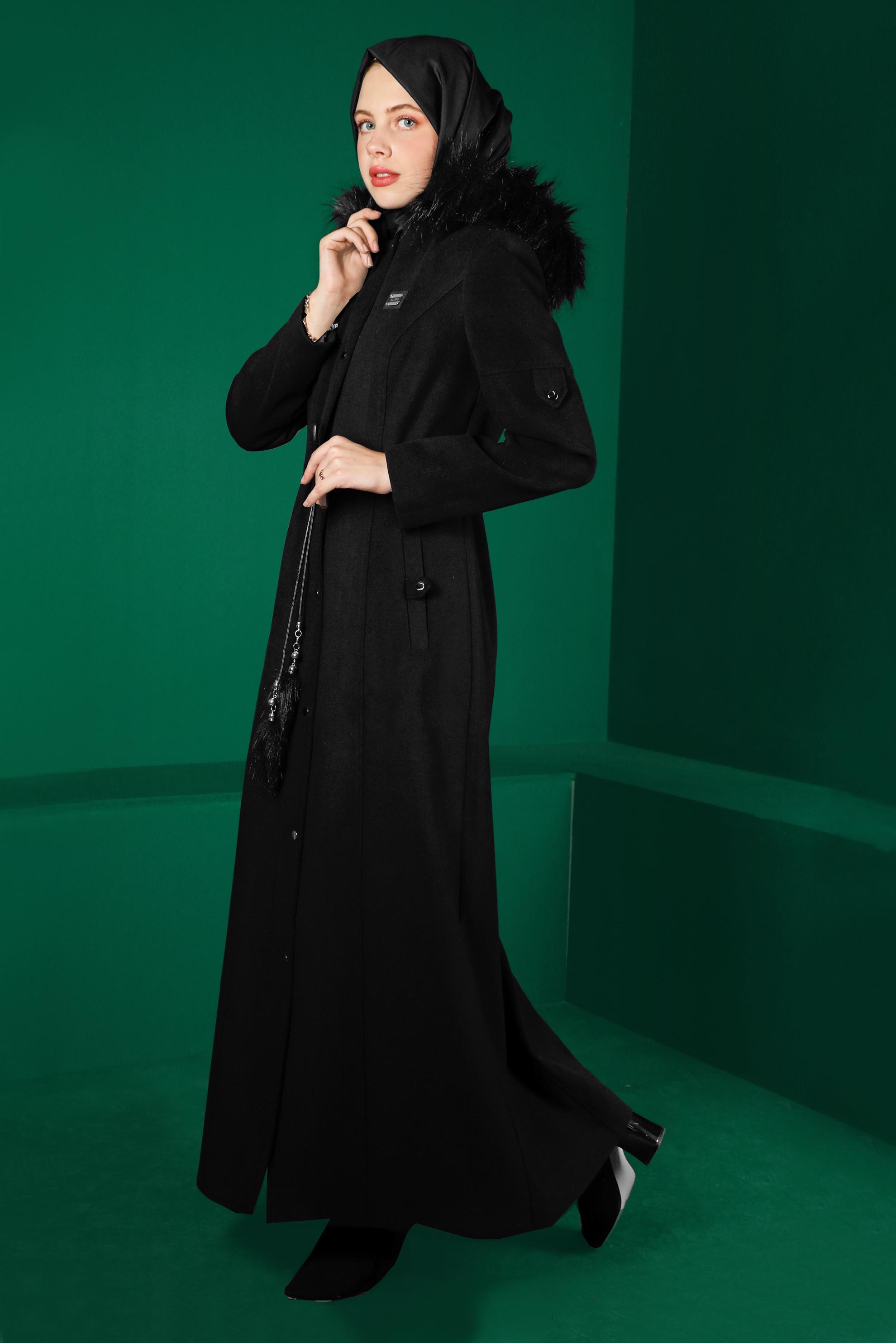 Tesettür giyim SİYAH BÜZGÜLÜ KAPÜŞONLU MANTO 90311 