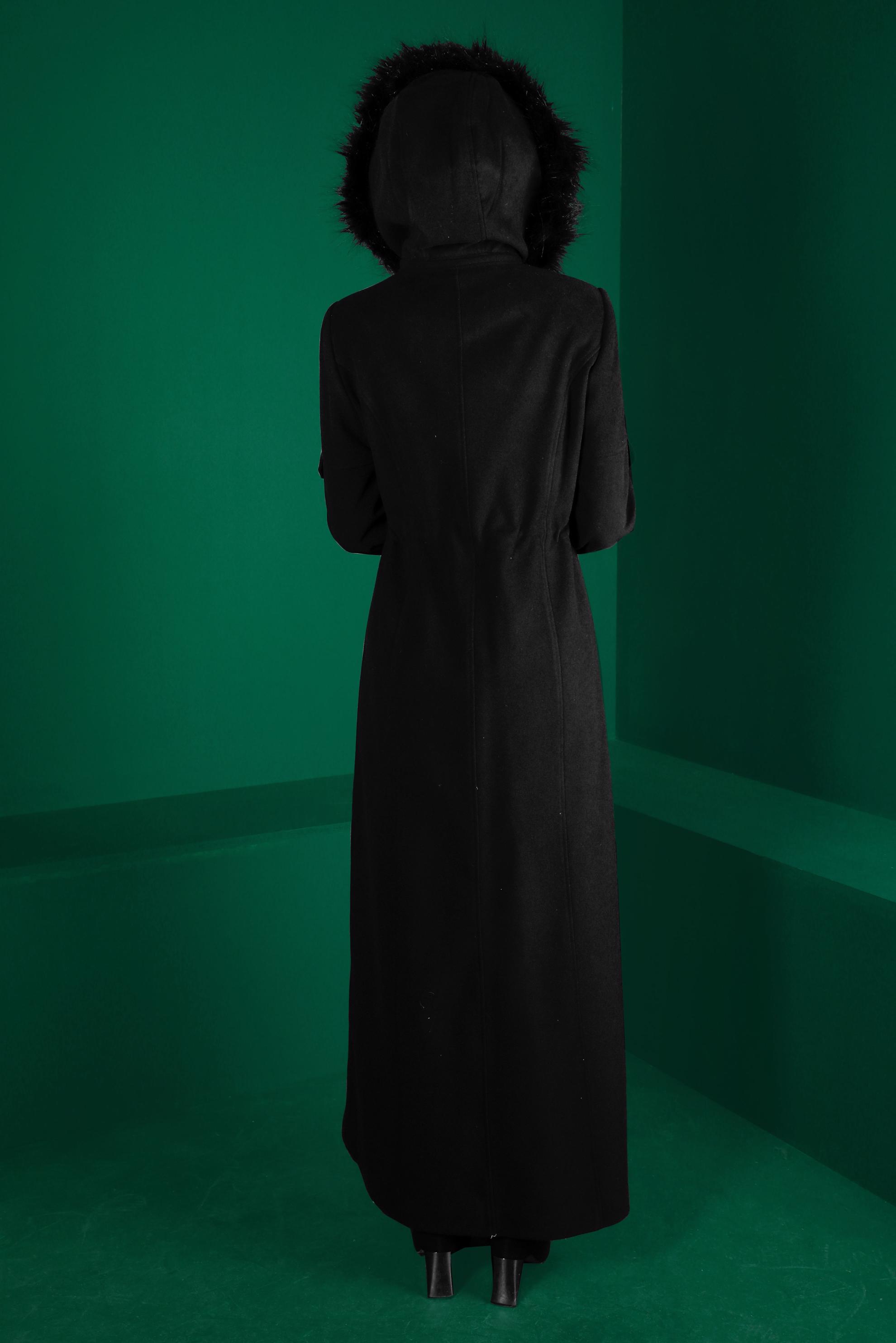 Tesettür giyim SİYAH BÜZGÜLÜ KAPÜŞONLU MANTO 90311 