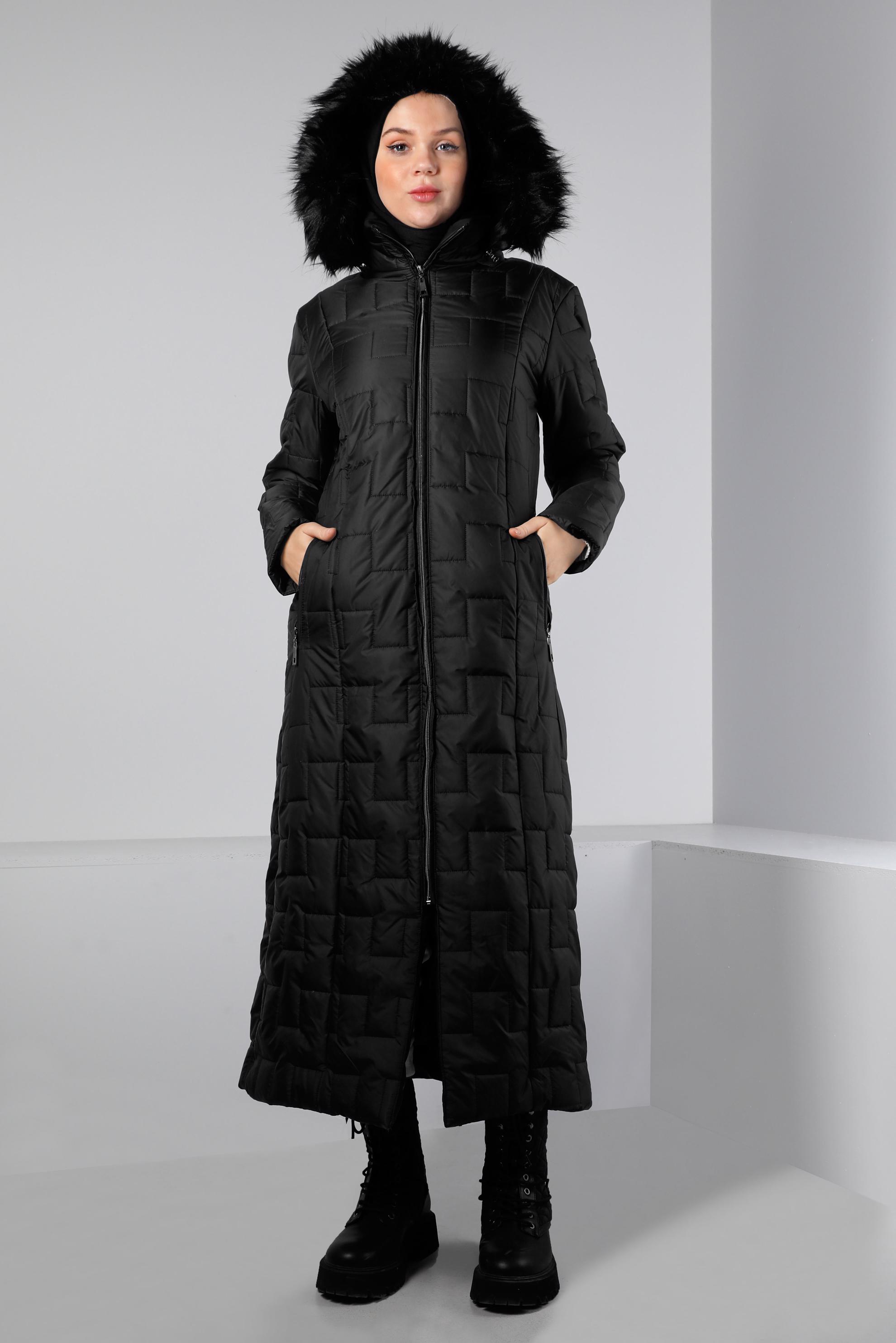 Vêtements hijab NOIR MANTEAU REMBOURRÉ ZIPPÉ À CAPUCHE FOURRURE 90316