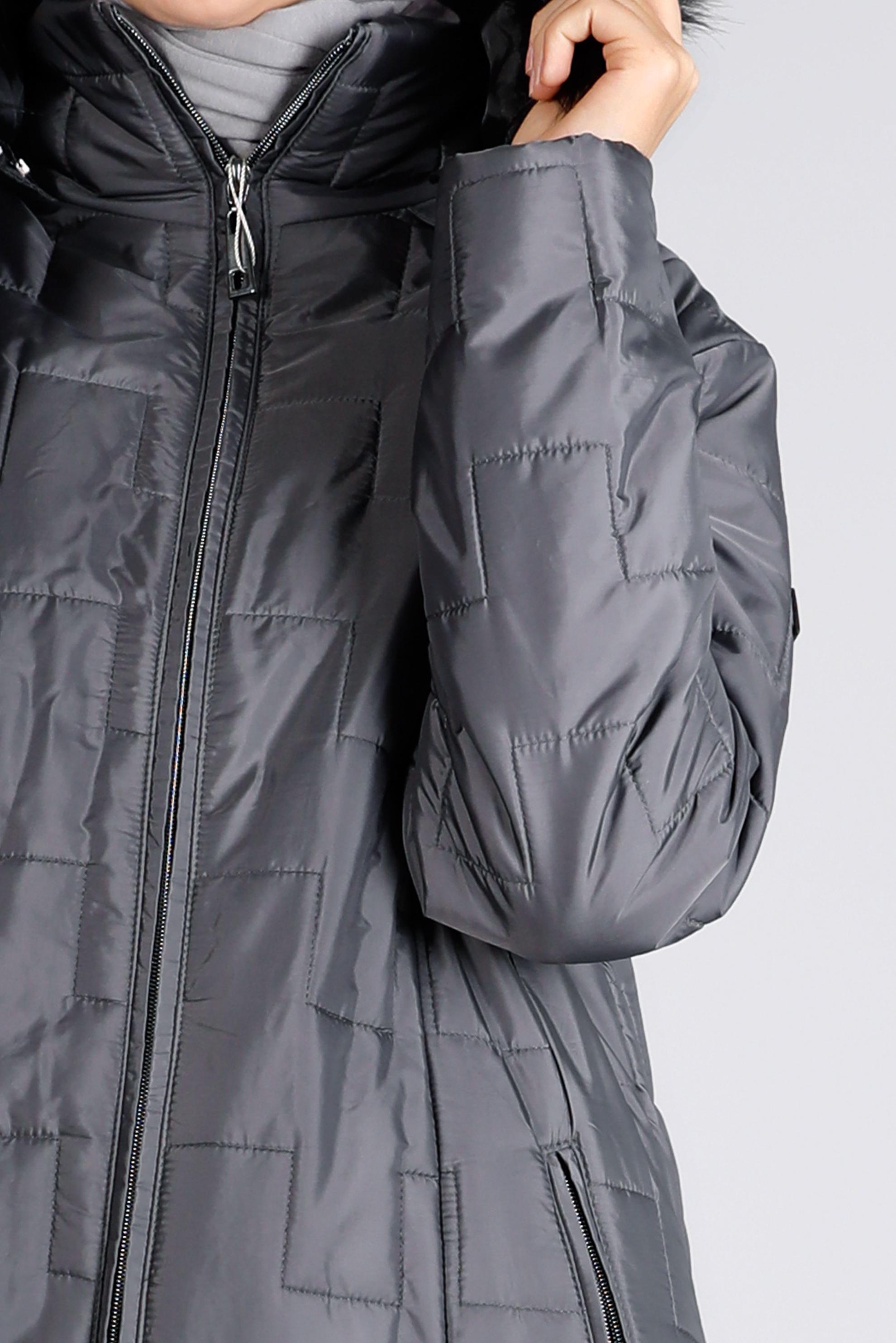 Tesettür giyim GRİ KAPÜŞONU KÜRKLÜ FERMUARLI ŞİŞME MANTO 90316 