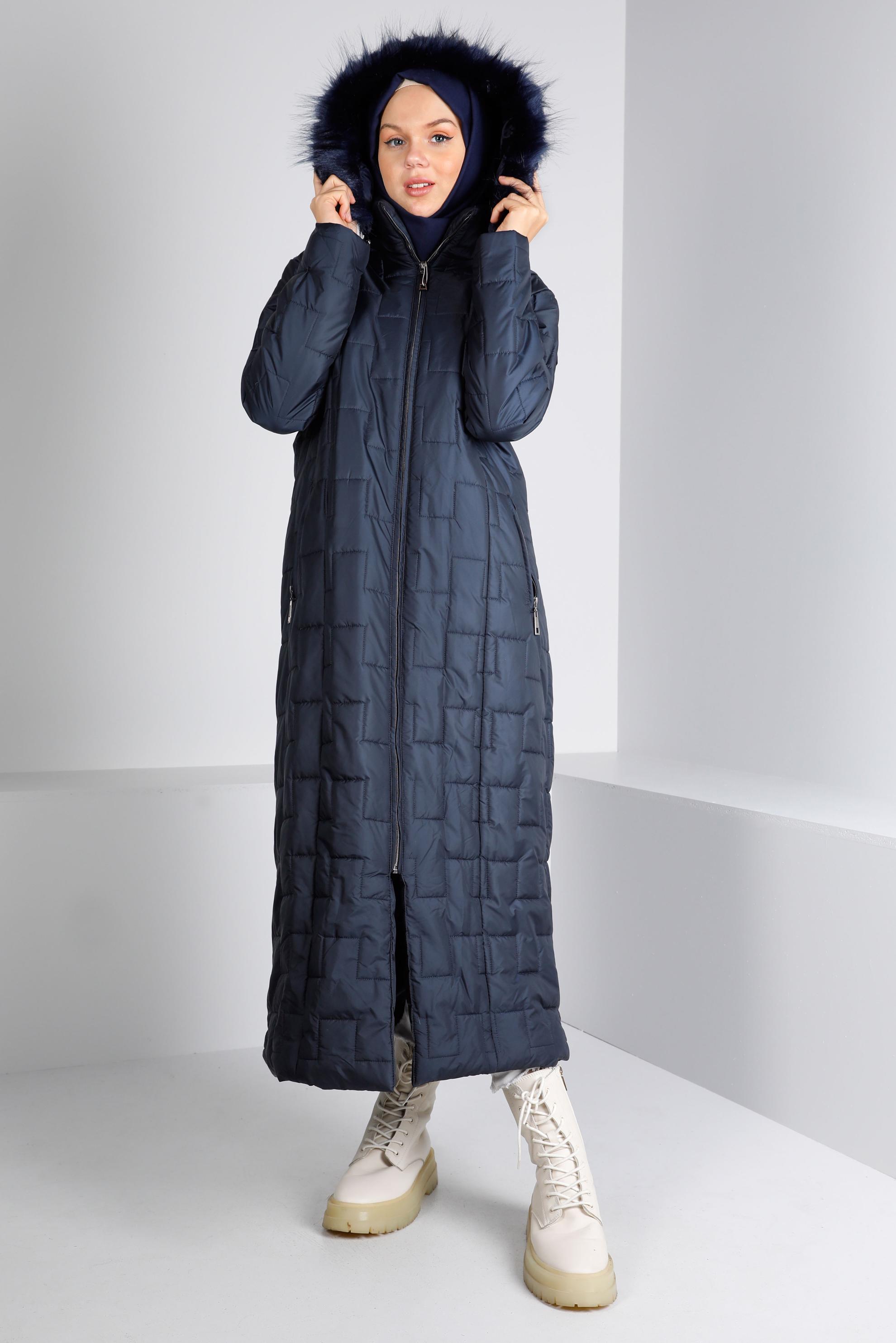Vêtements hijab BLEU MARINE MANTEAU REMBOURRÉ ZIPPÉ À CAPUCHE FOURRURE 90316