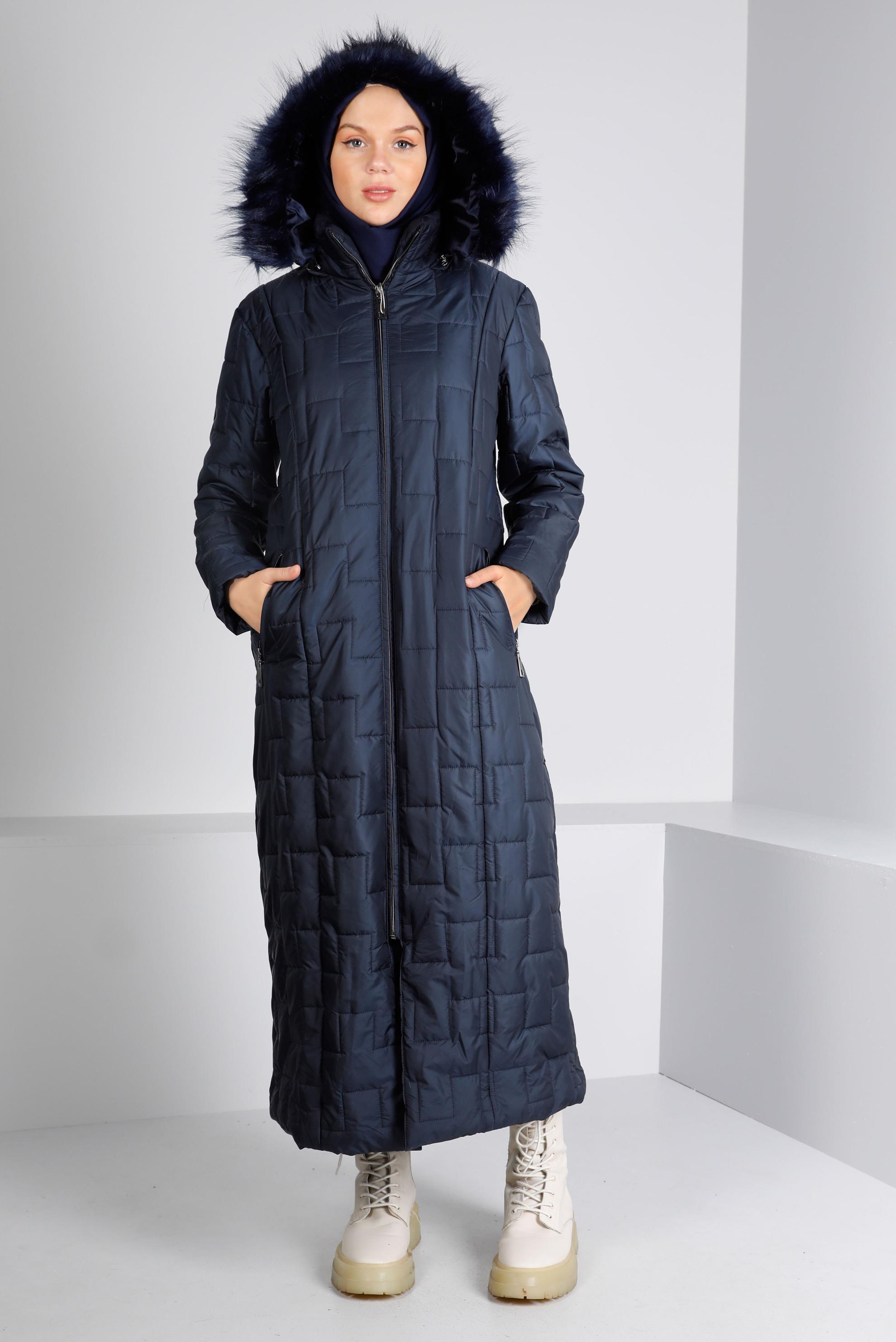 Vêtements hijab BLEU MARINE MANTEAU REMBOURRÉ ZIPPÉ À CAPUCHE FOURRURE 90316