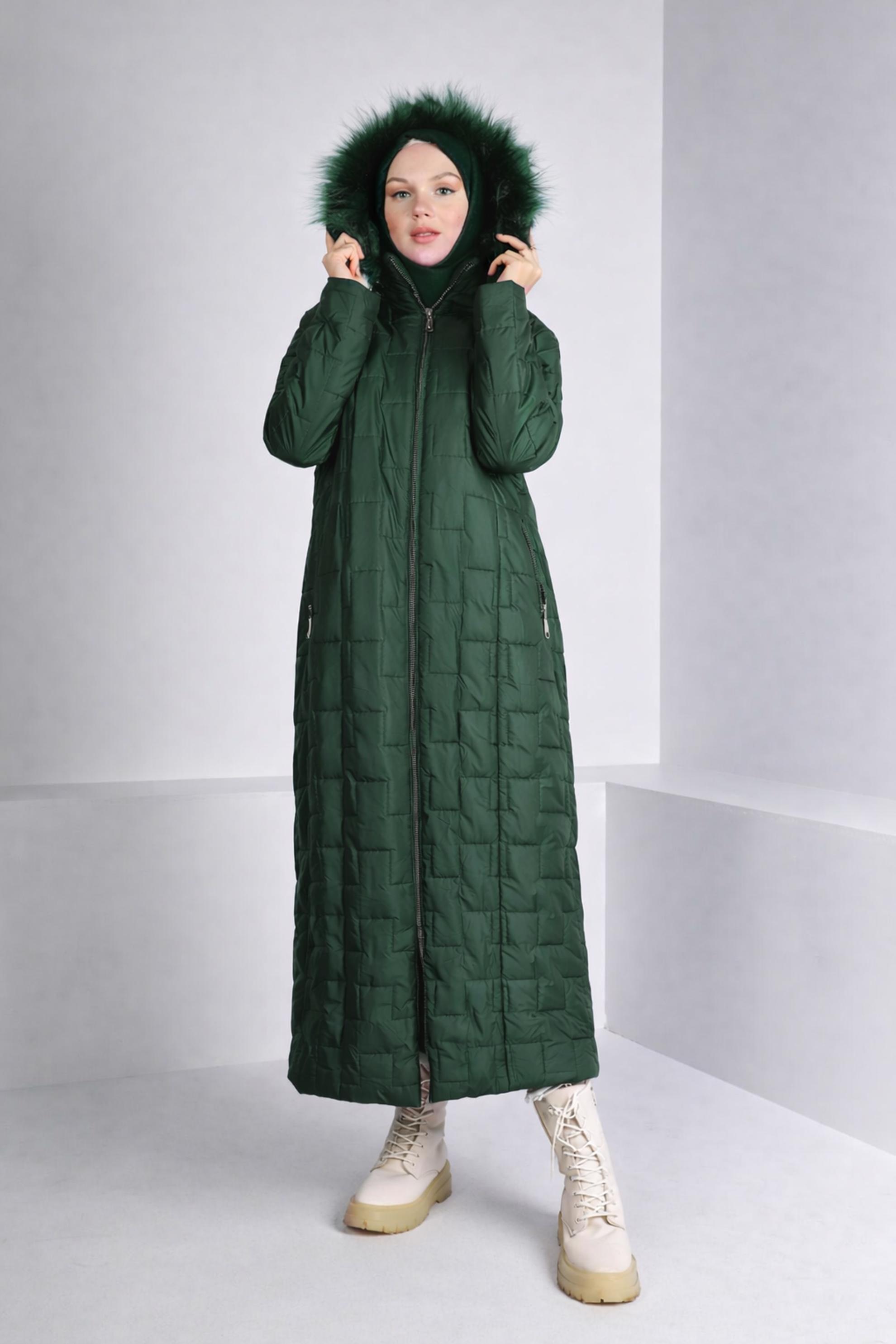 Hijab clothing GREEN FURRY HOODED ZIPPED PUFFER COAT 90316 