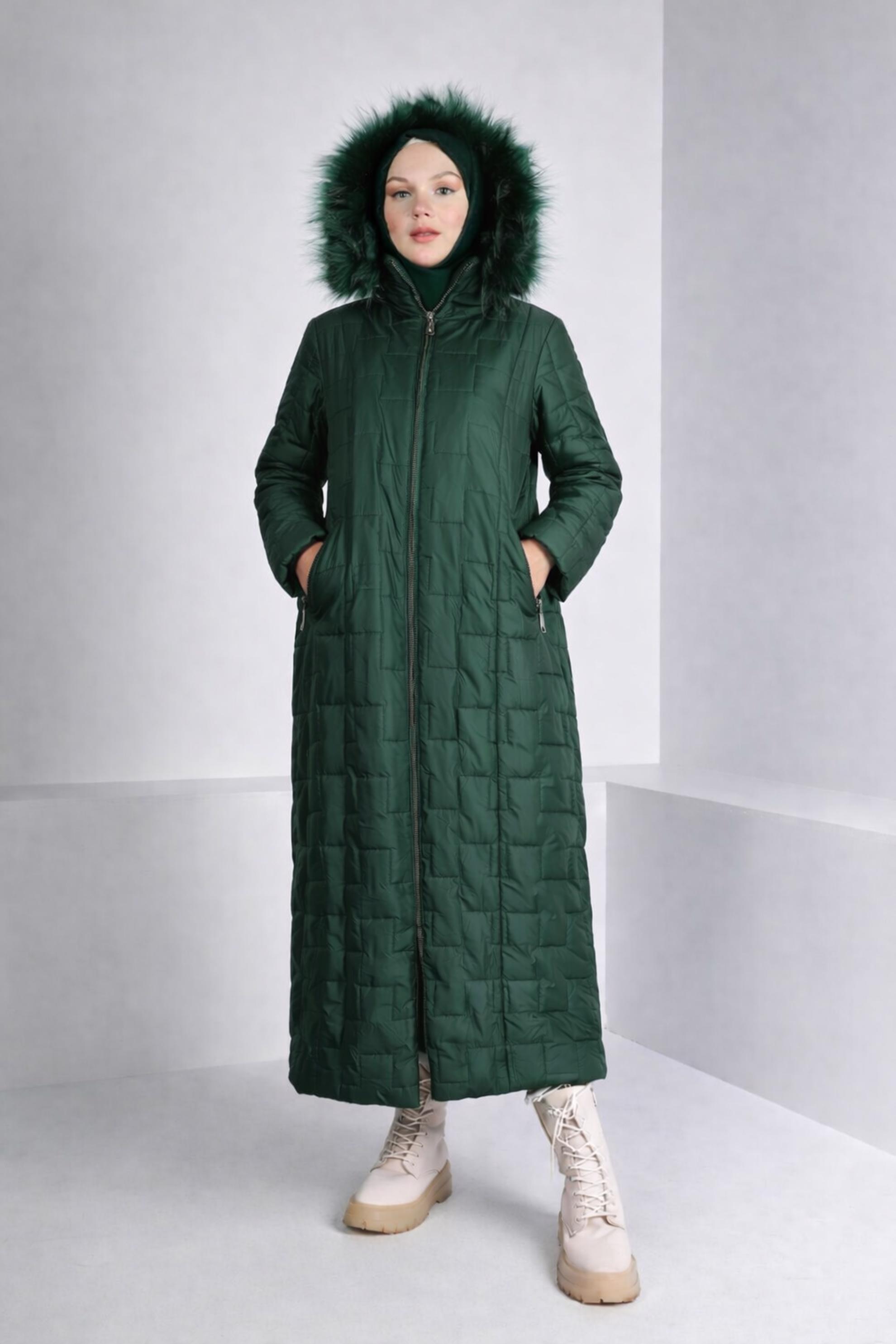 Hijab clothing GREEN FURRY HOODED ZIPPED PUFFER COAT 90316 