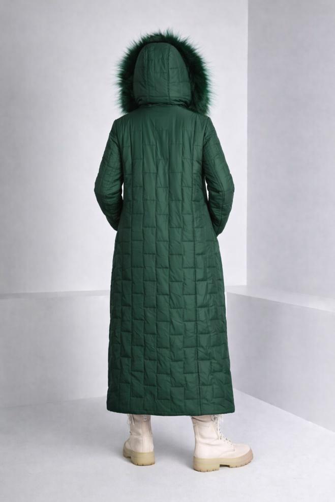 Hijab clothing GREEN FURRY HOODED ZIPPED PUFFER COAT 90316  - ALVİNA