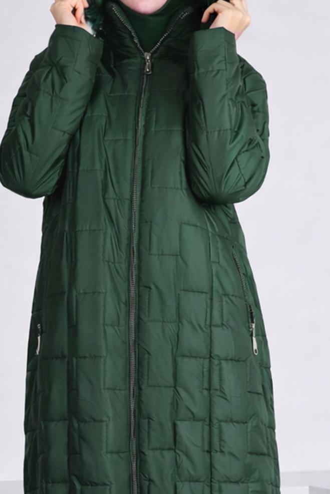 Hijab clothing GREEN FURRY HOODED ZIPPED PUFFER COAT 90316  - ALVİNA