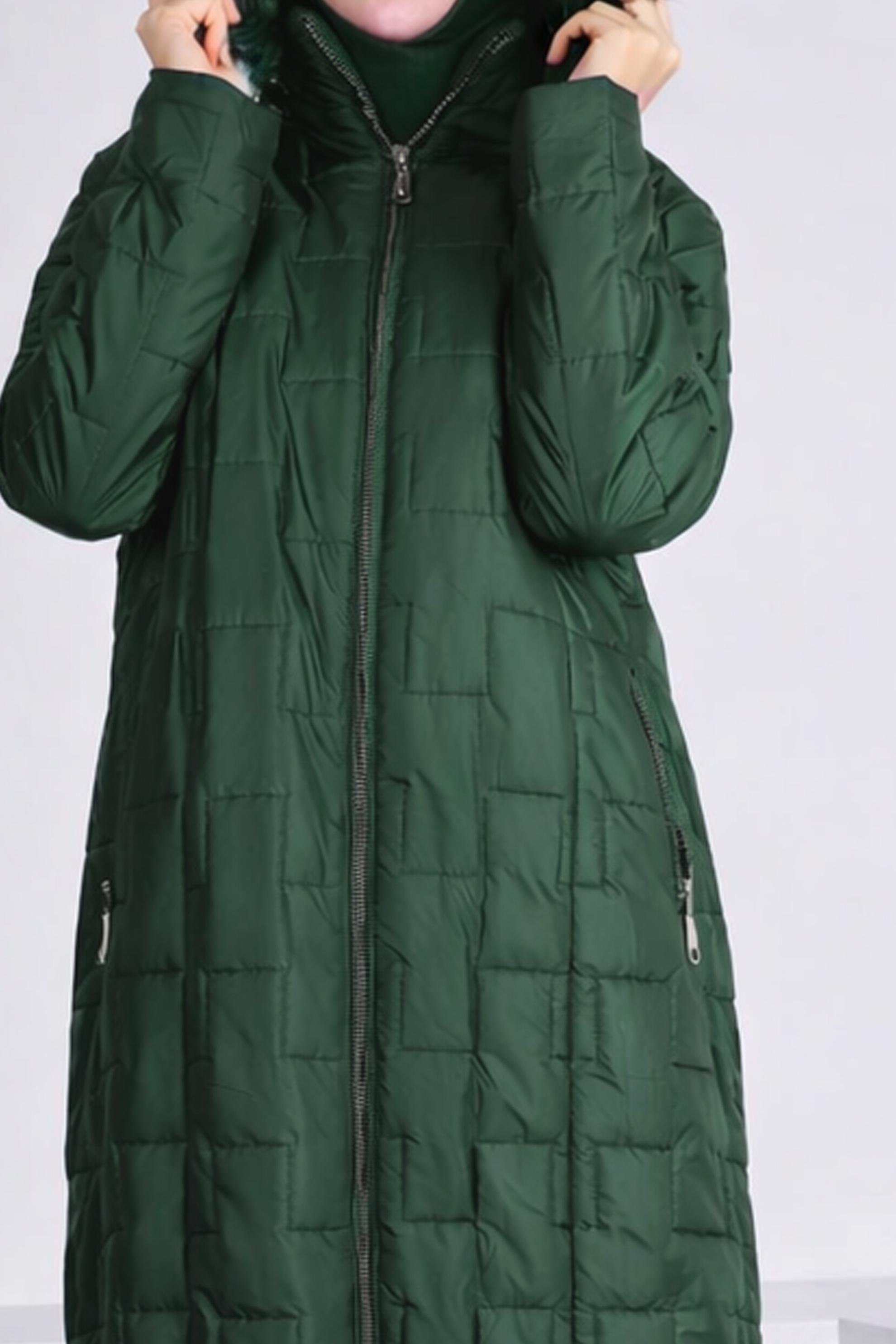 Hijab clothing GREEN FURRY HOODED ZIPPED PUFFER COAT 90316 