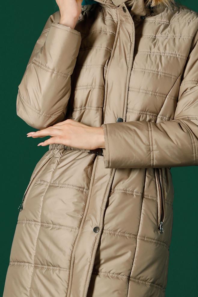 Hijab clothing BEIGE FURRY HOODED FURRY COAT 90321  - ALVİNA