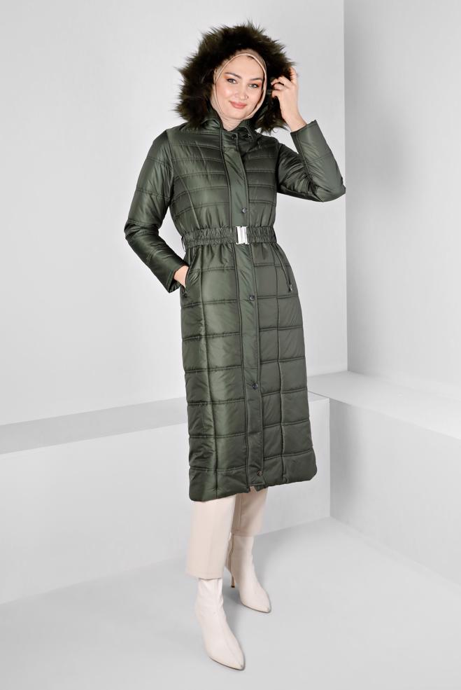Hijab clothing KHAKI FURRY HOODED FURRY COAT 90321  - ALVİNA