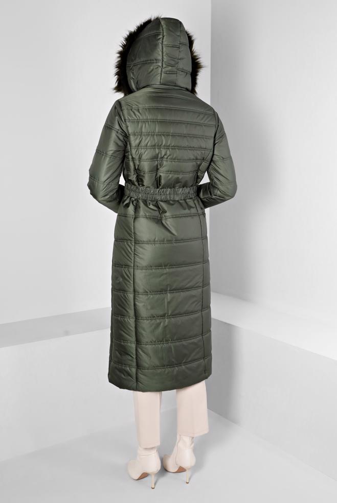 Hijab clothing KHAKI FURRY HOODED FURRY COAT 90321  - ALVİNA