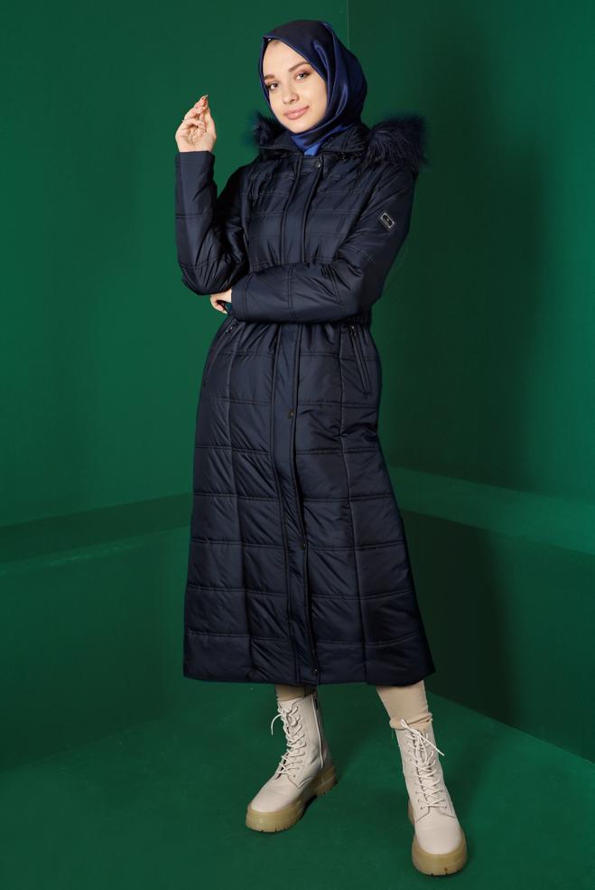 Hijab clothing NAVY BLUE FURRY HOODED FURRY COAT 90321  - ALVİNA